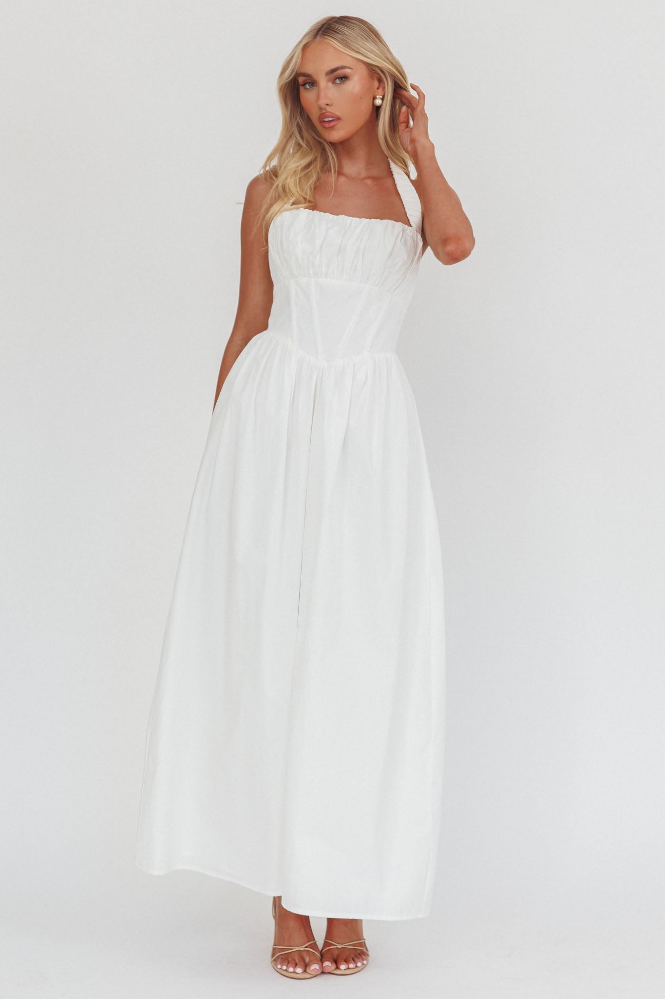 Irisa Elasticated Halter Maxi Dress White-Maymioy