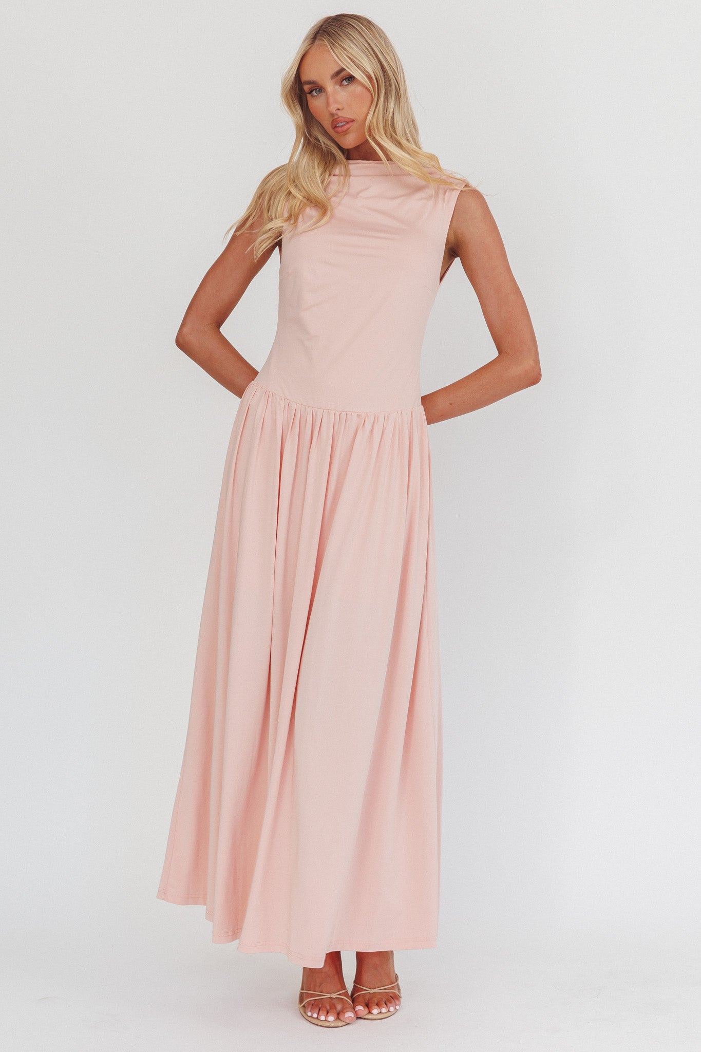 Dorothea High Cowl Open Back Maxi Dress Dusty Pink-Maymioy