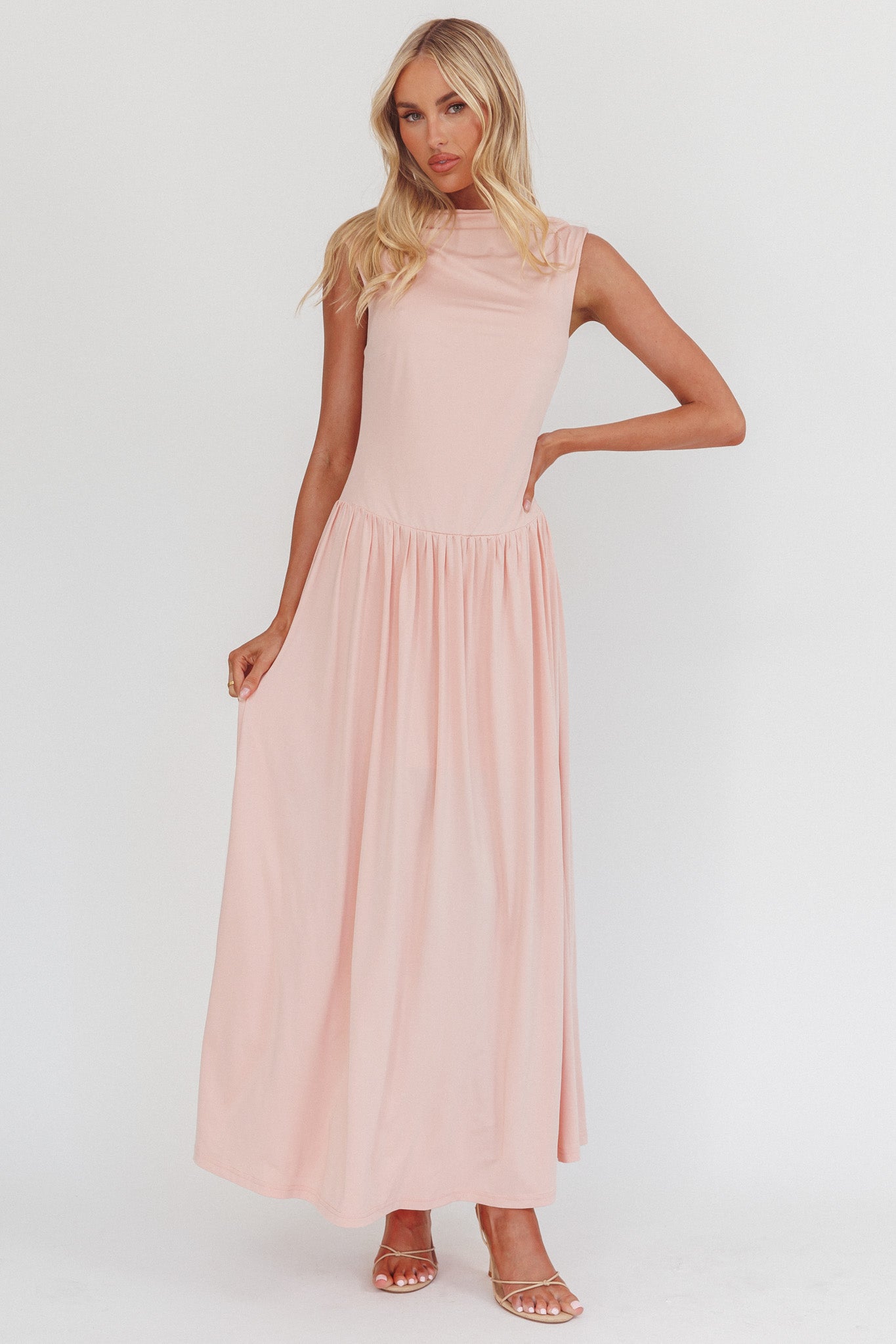 Dorothea High Cowl Open Back Maxi Dress Dusty Pink-Maymioy