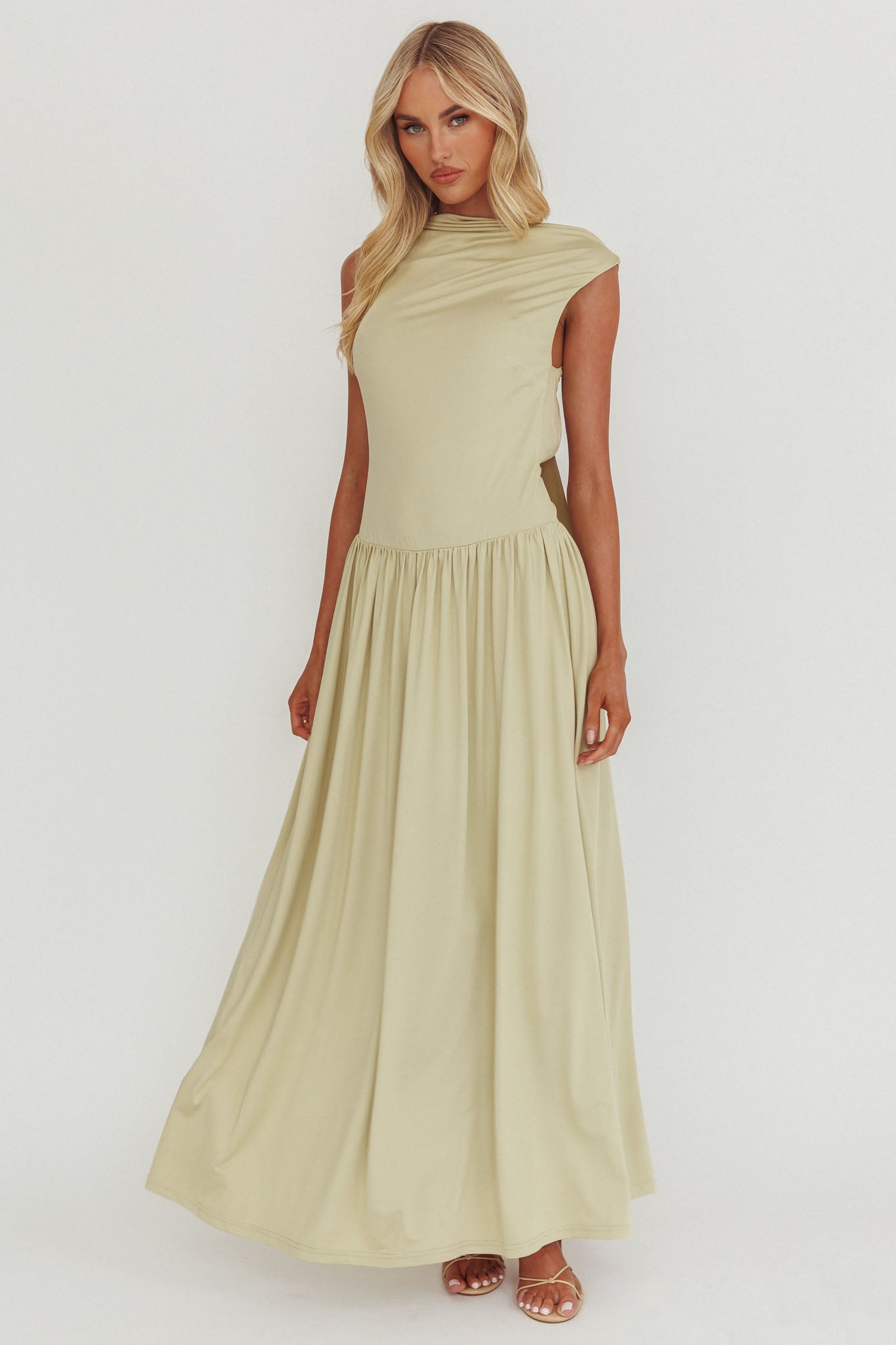 Dorothea High Cowl Open Back Maxi Dress Sage-Maymioy