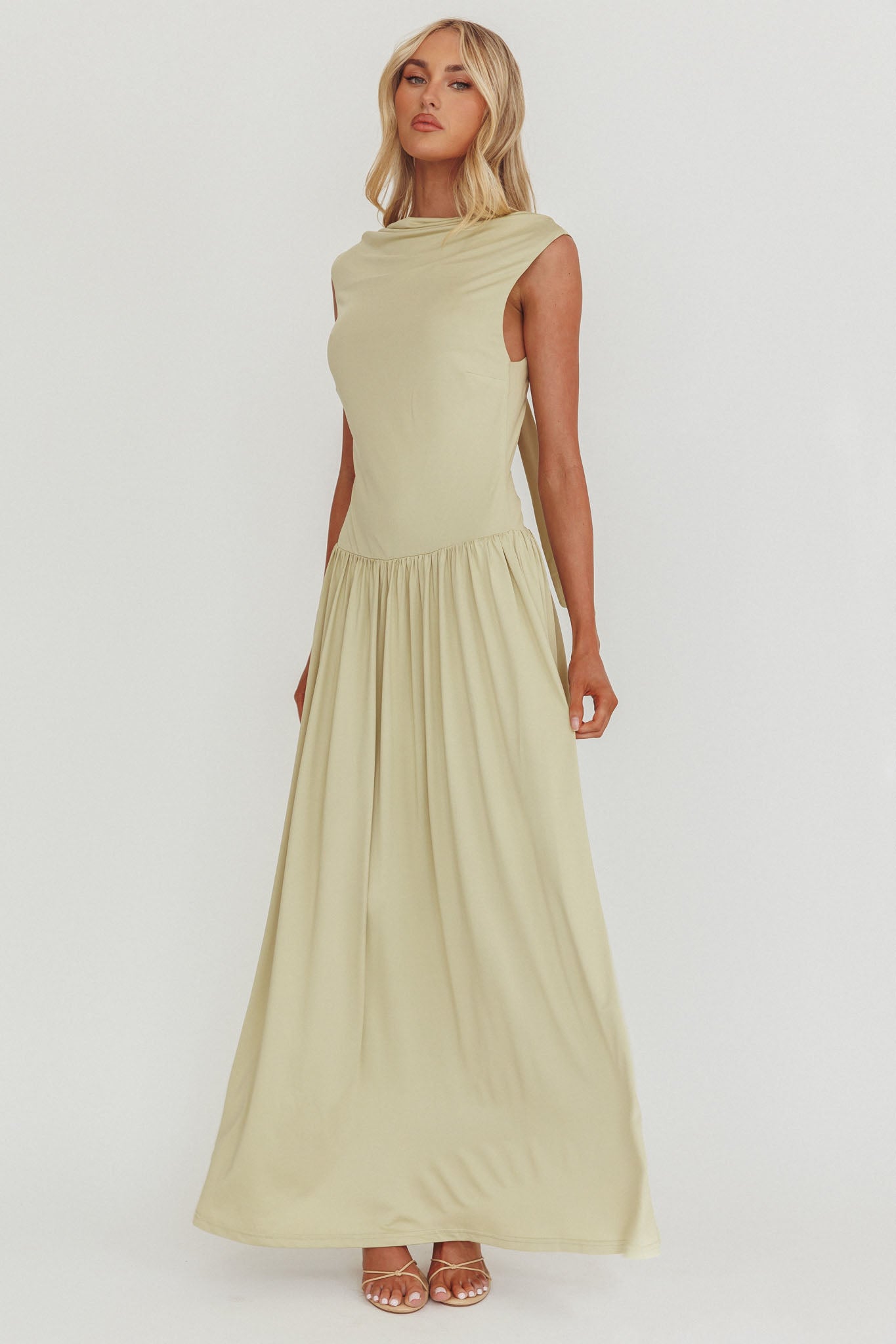 Dorothea High Cowl Open Back Maxi Dress Sage-Maymioy