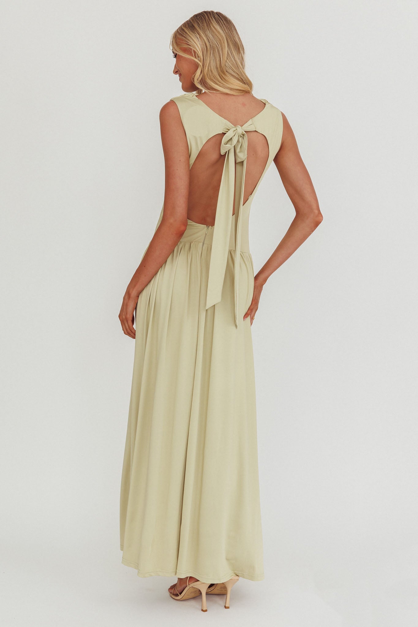 Dorothea High Cowl Open Back Maxi Dress Sage-Maymioy