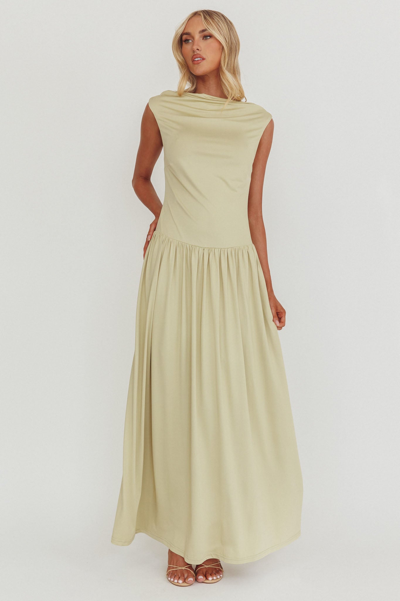 Dorothea High Cowl Open Back Maxi Dress Sage-Maymioy