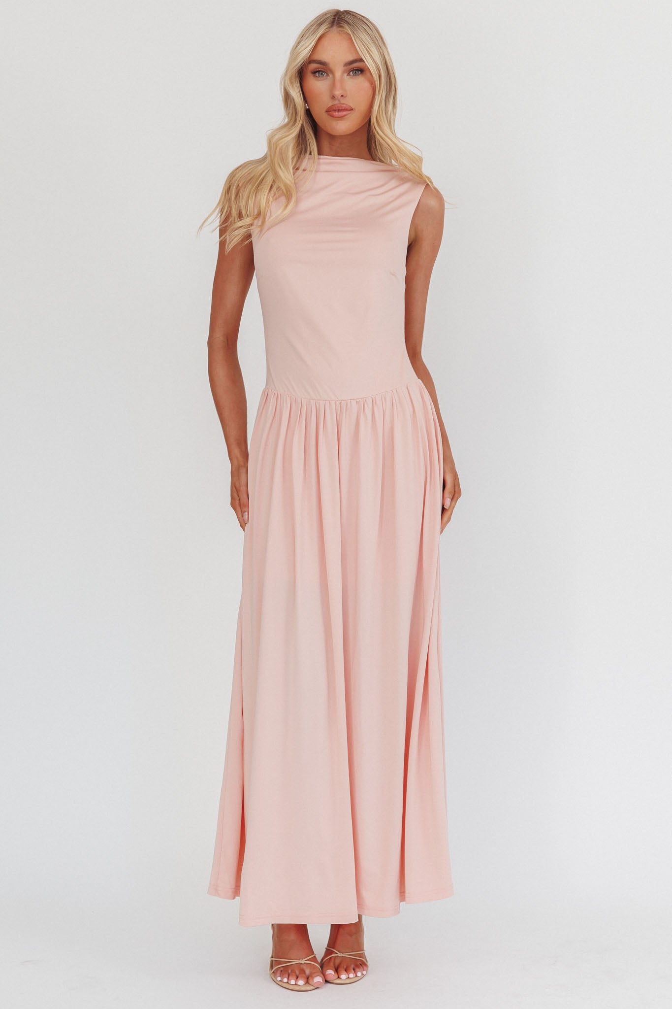 Dorothea High Cowl Open Back Maxi Dress Dusty Pink-Maymioy