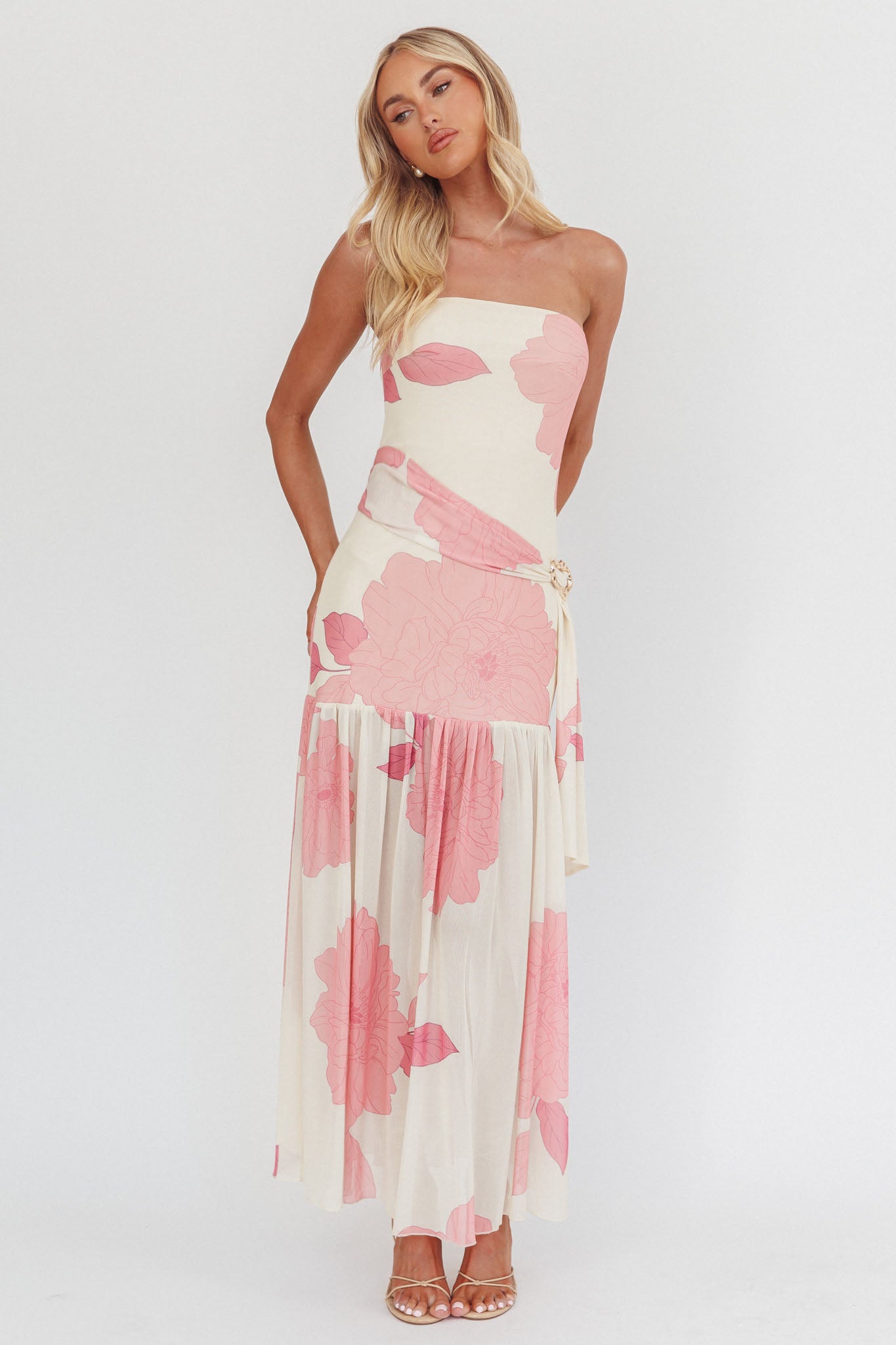 Antonella Strapless Waist Sash Maxi Dress Floral Pink-Maymioy