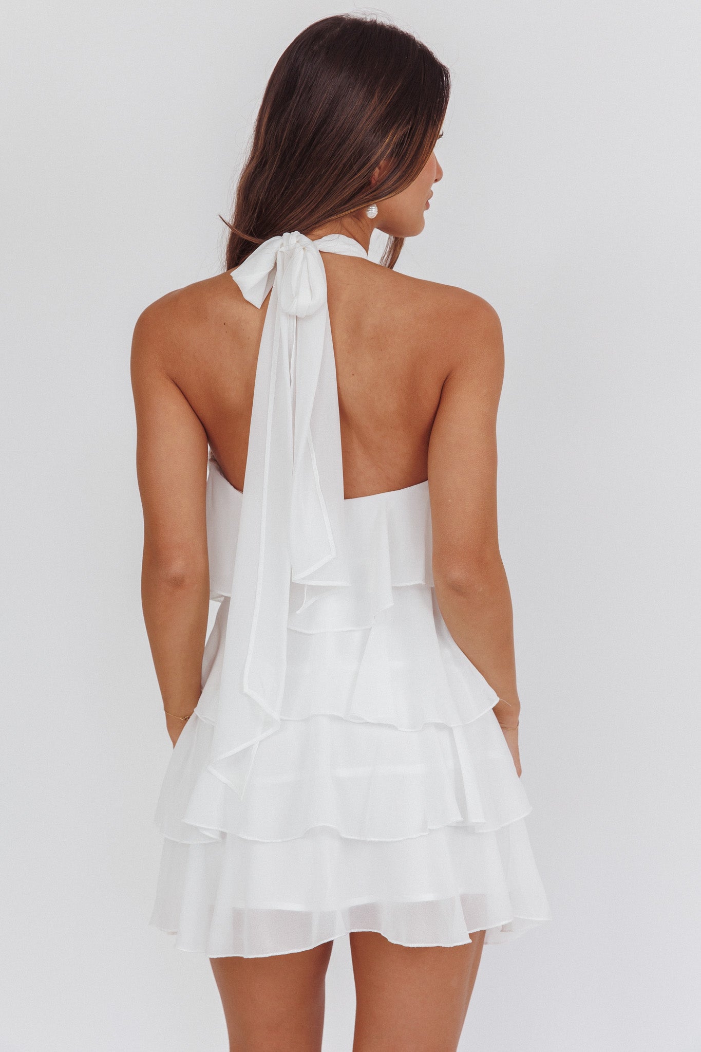 Southern Belles Halterneck Ruffle Mini Dress White-Maymioy