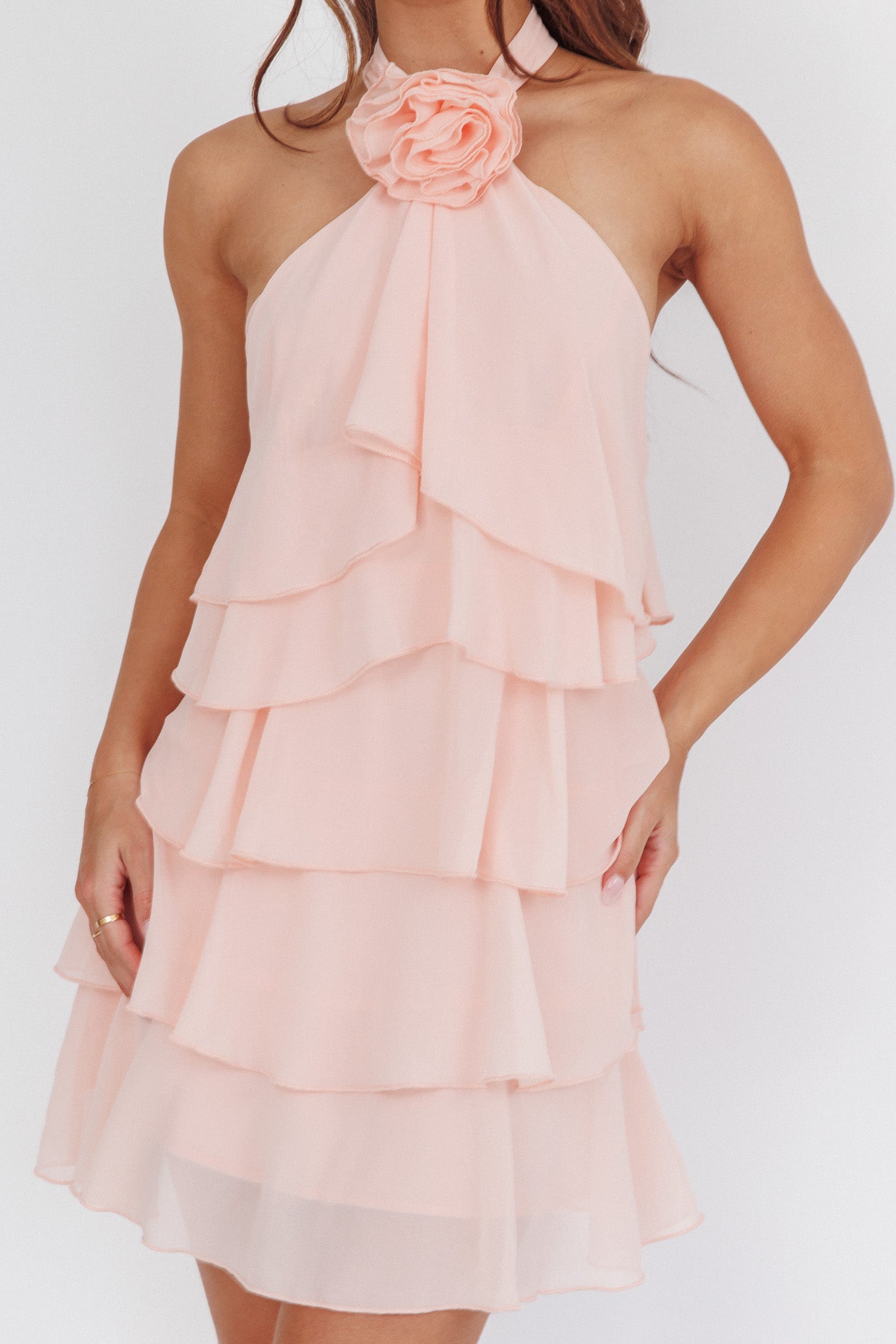 Southern Belles Halterneck Ruffle Mini Dress Pink-Maymioy