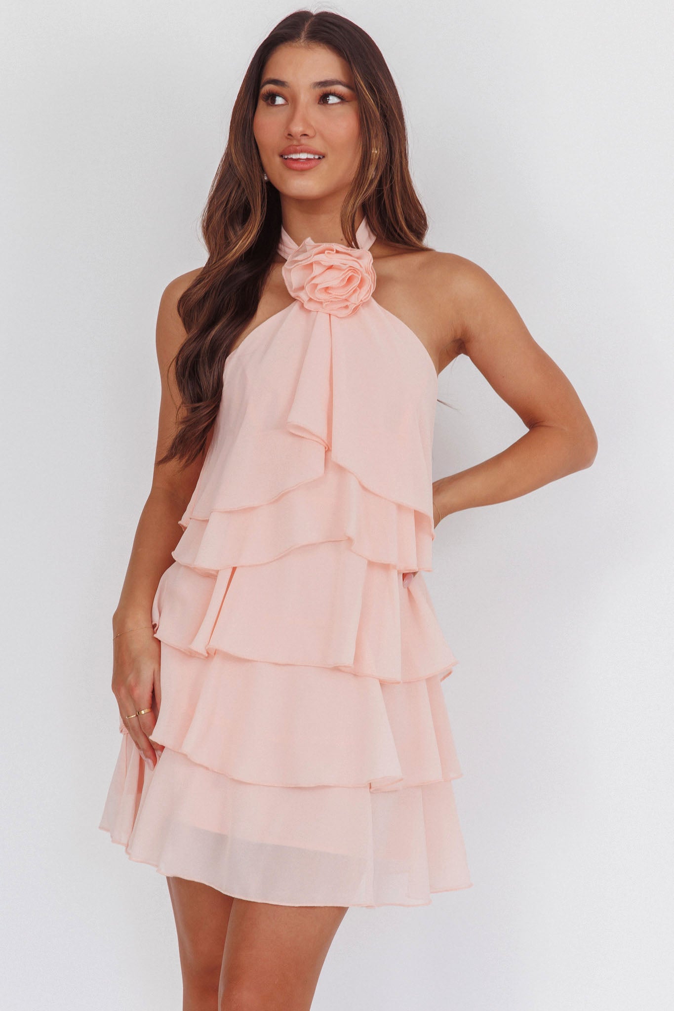 Southern Belles Halterneck Ruffle Mini Dress Pink-Maymioy