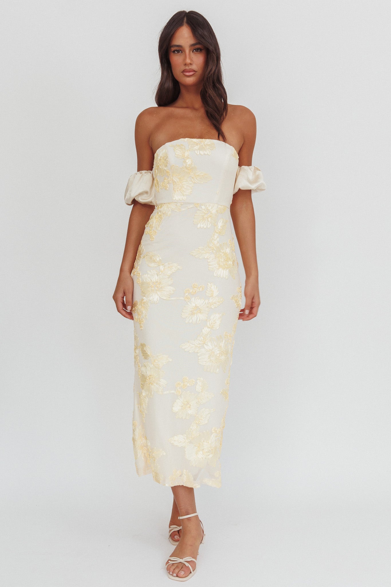 Roman Holiday Puff Sleeve Embellished Midi Dress Gold-Maymioy