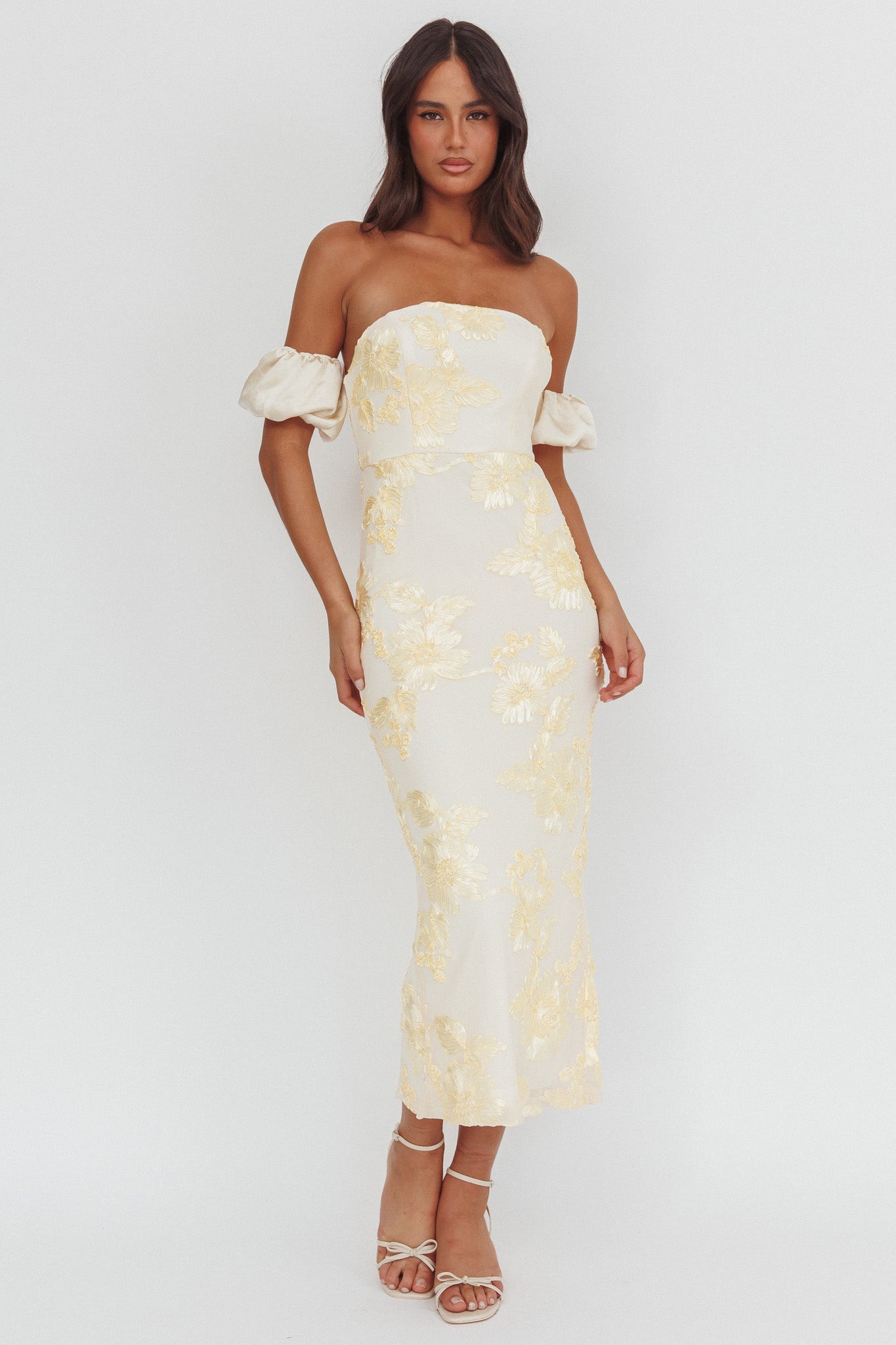 Roman Holiday Puff Sleeve Embellished Midi Dress Gold-Maymioy