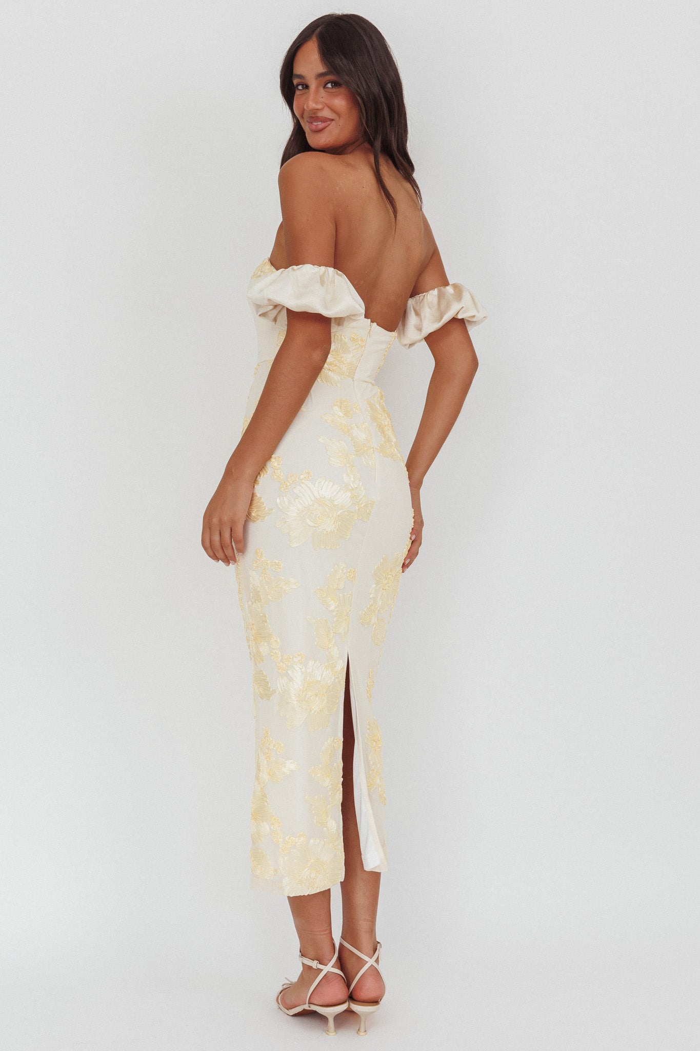 Roman Holiday Puff Sleeve Embellished Midi Dress Gold-Maymioy