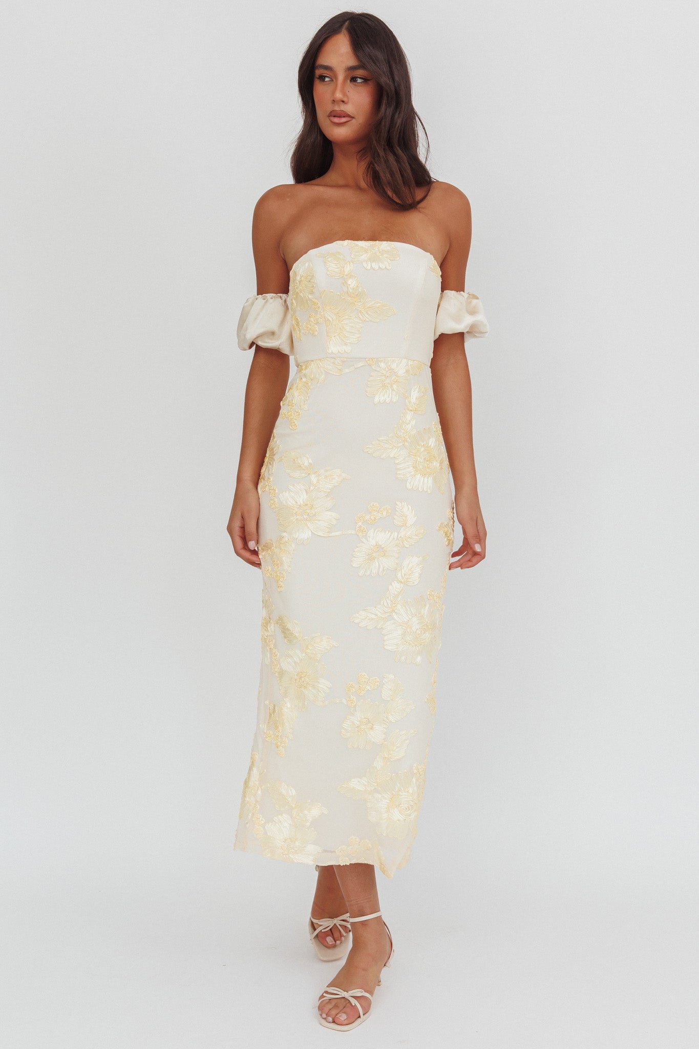 Roman Holiday Puff Sleeve Embellished Midi Dress Gold-Maymioy