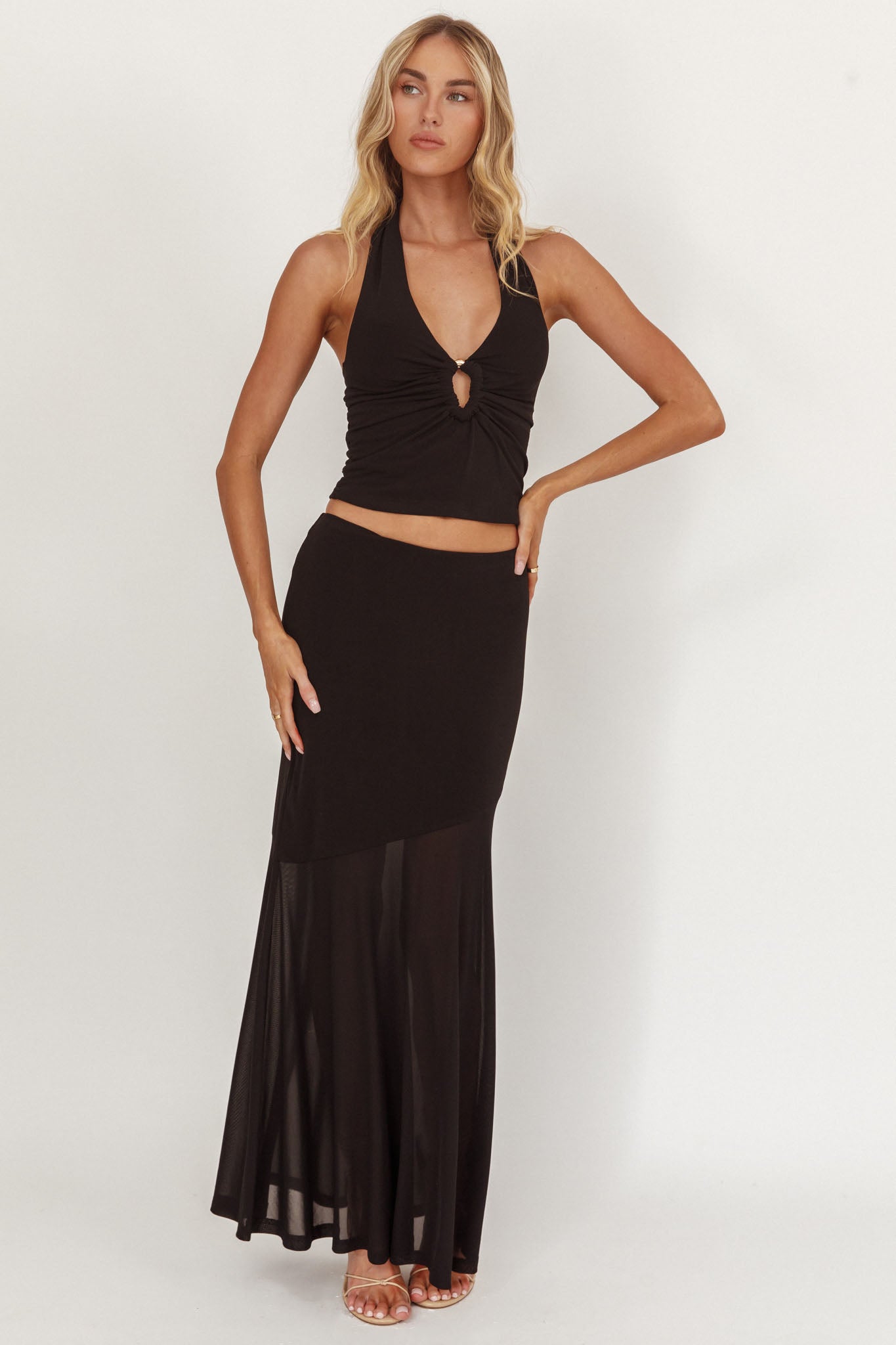 Somewhere New Half Sheer Maxi Skirt Black-Maymioy
