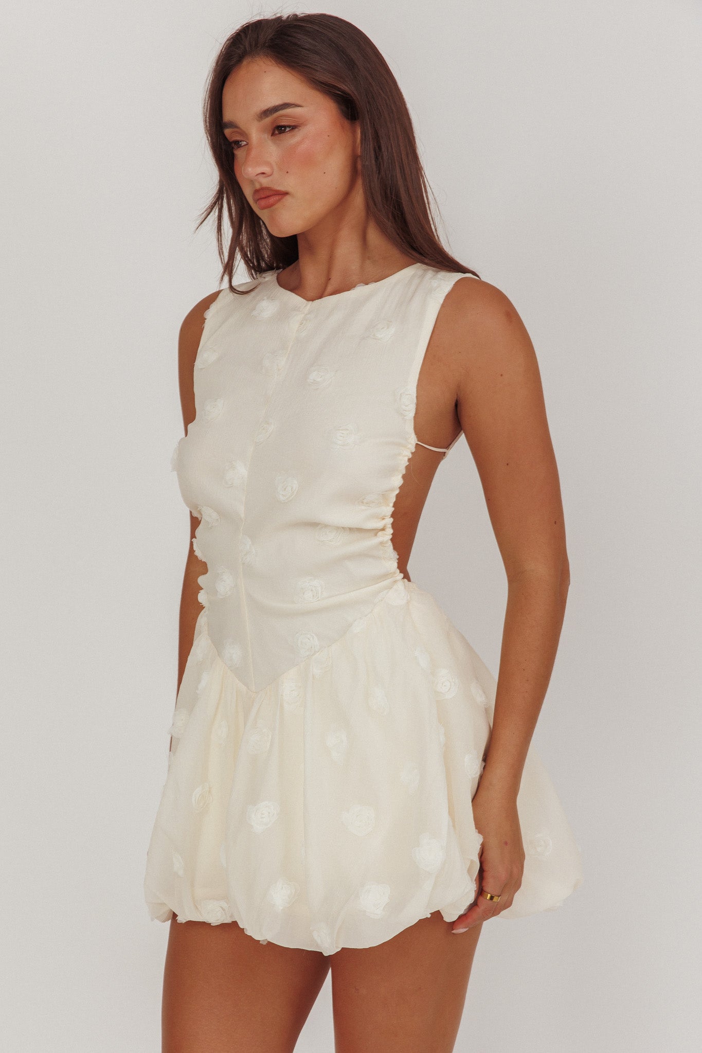 Tealy Cut-Out Back Bubble Mini Dress Cream-Maymioy
