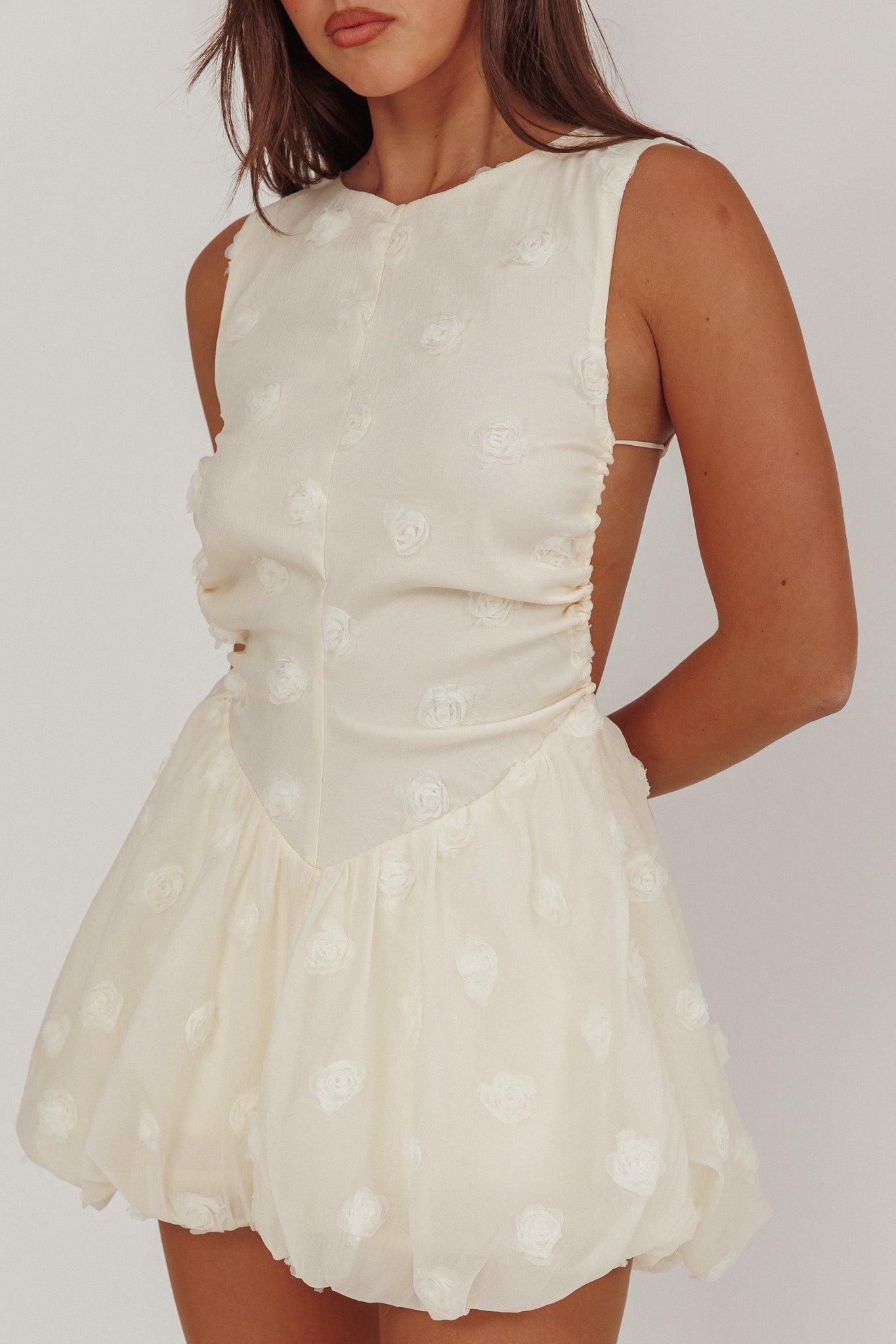Tealy Cut-Out Back Bubble Mini Dress Cream-Maymioy
