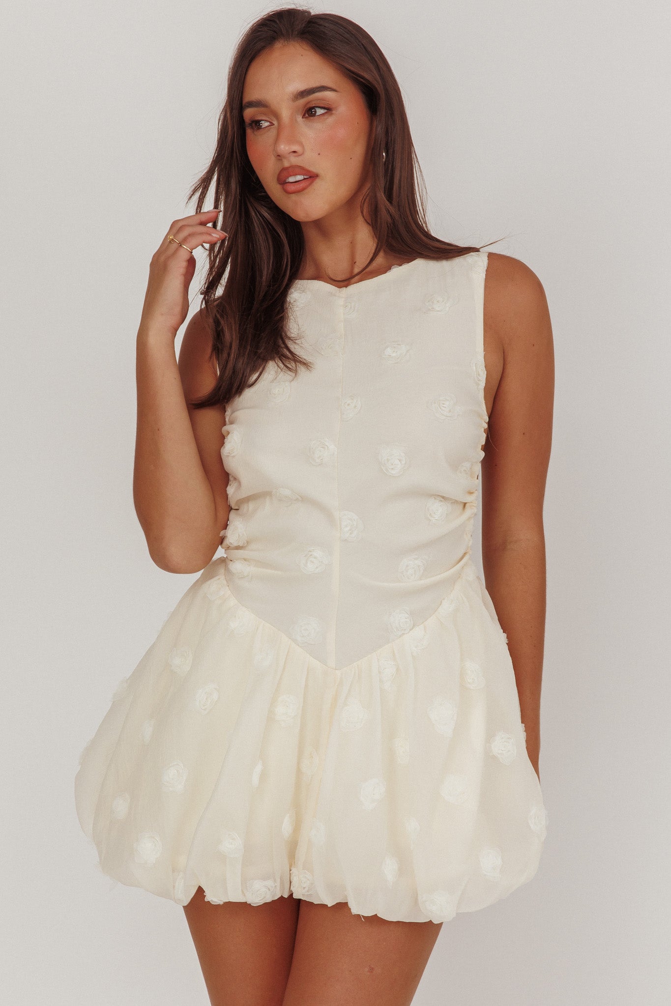 Tealy Cut-Out Back Bubble Mini Dress Cream-Maymioy