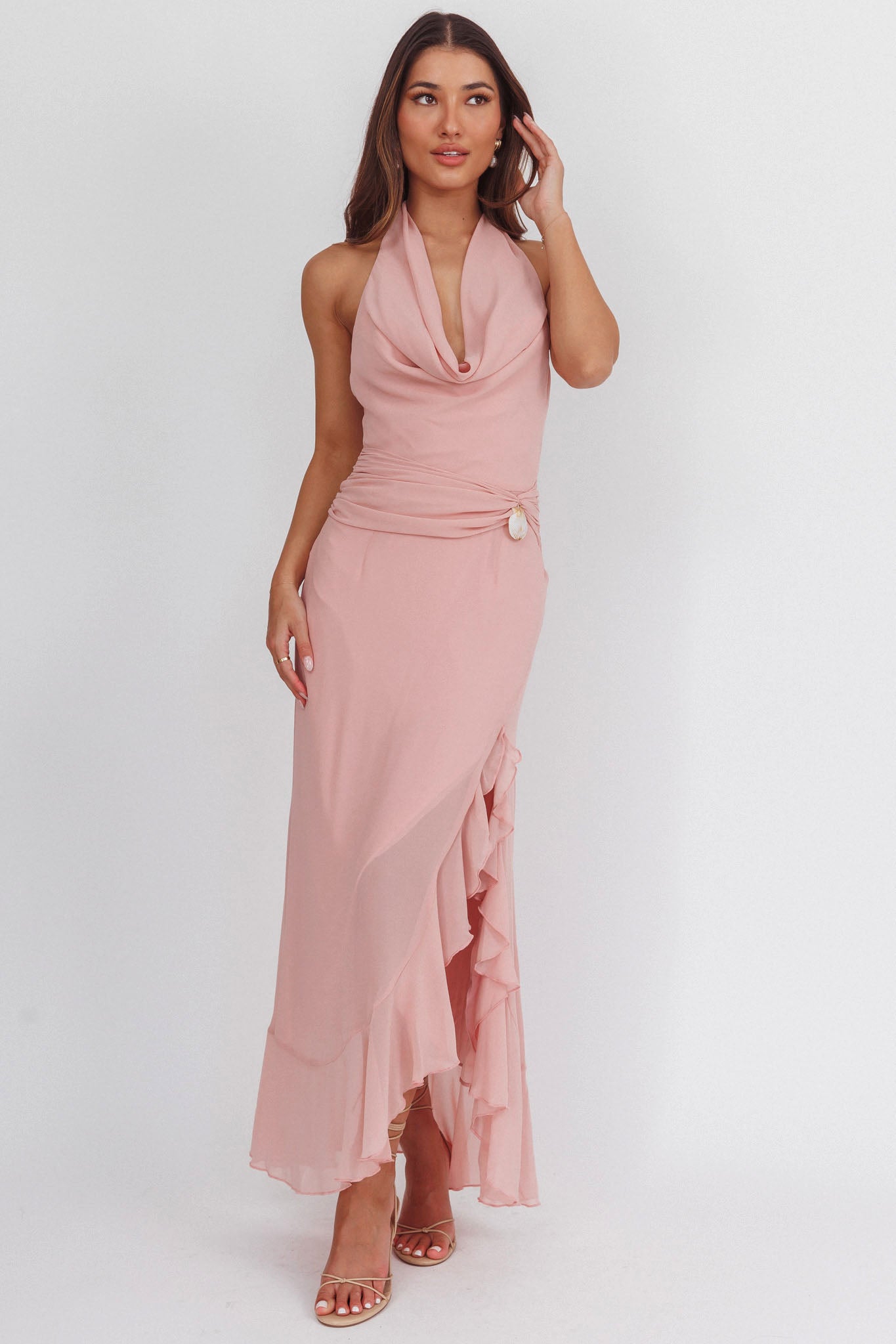 Logen Cowl Halterneck Maxi Dress Blush-Maymioy