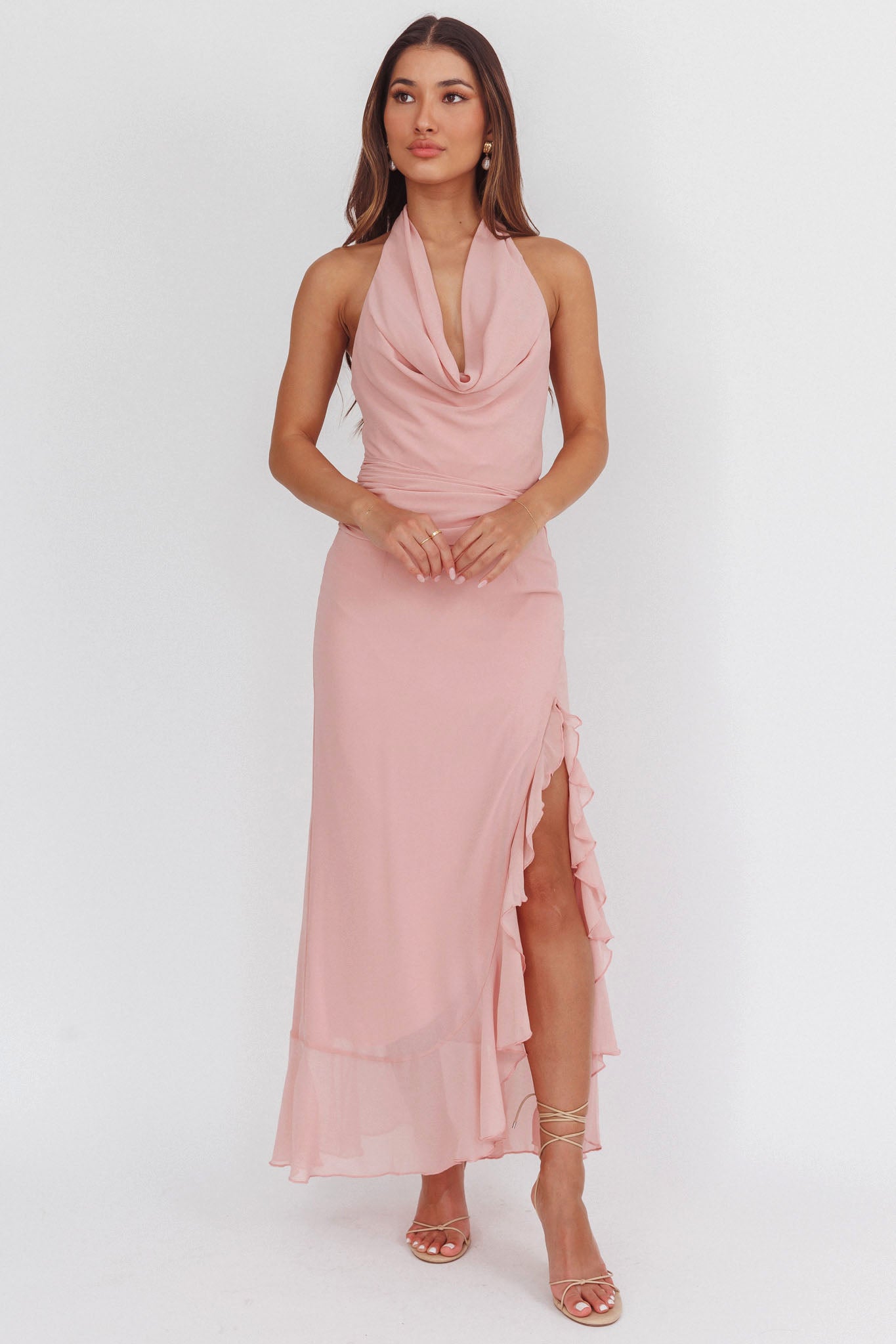 Logen Cowl Halterneck Maxi Dress Blush-Maymioy