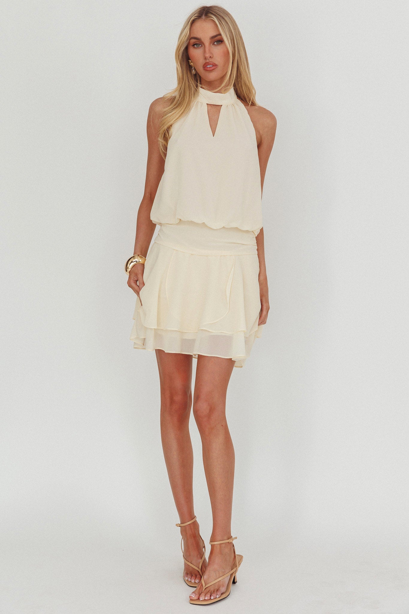 Give In Halterneck Layered Hem Mini Dress Butter-Maymioy