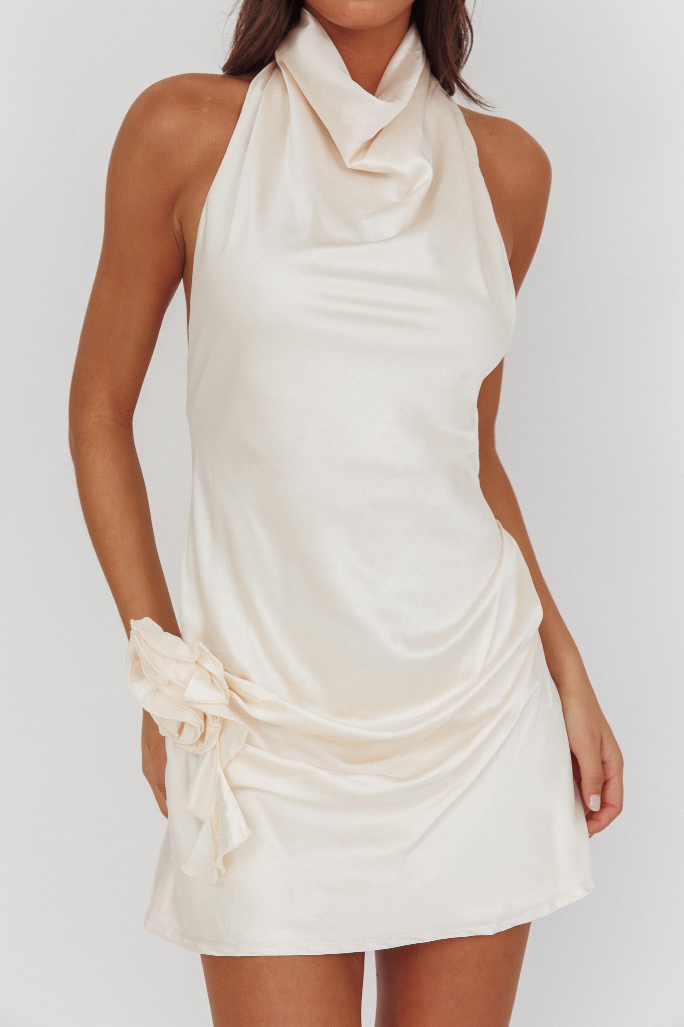 Elarah High Cowl Halterneck Mini Dress Pearl-Maymioy