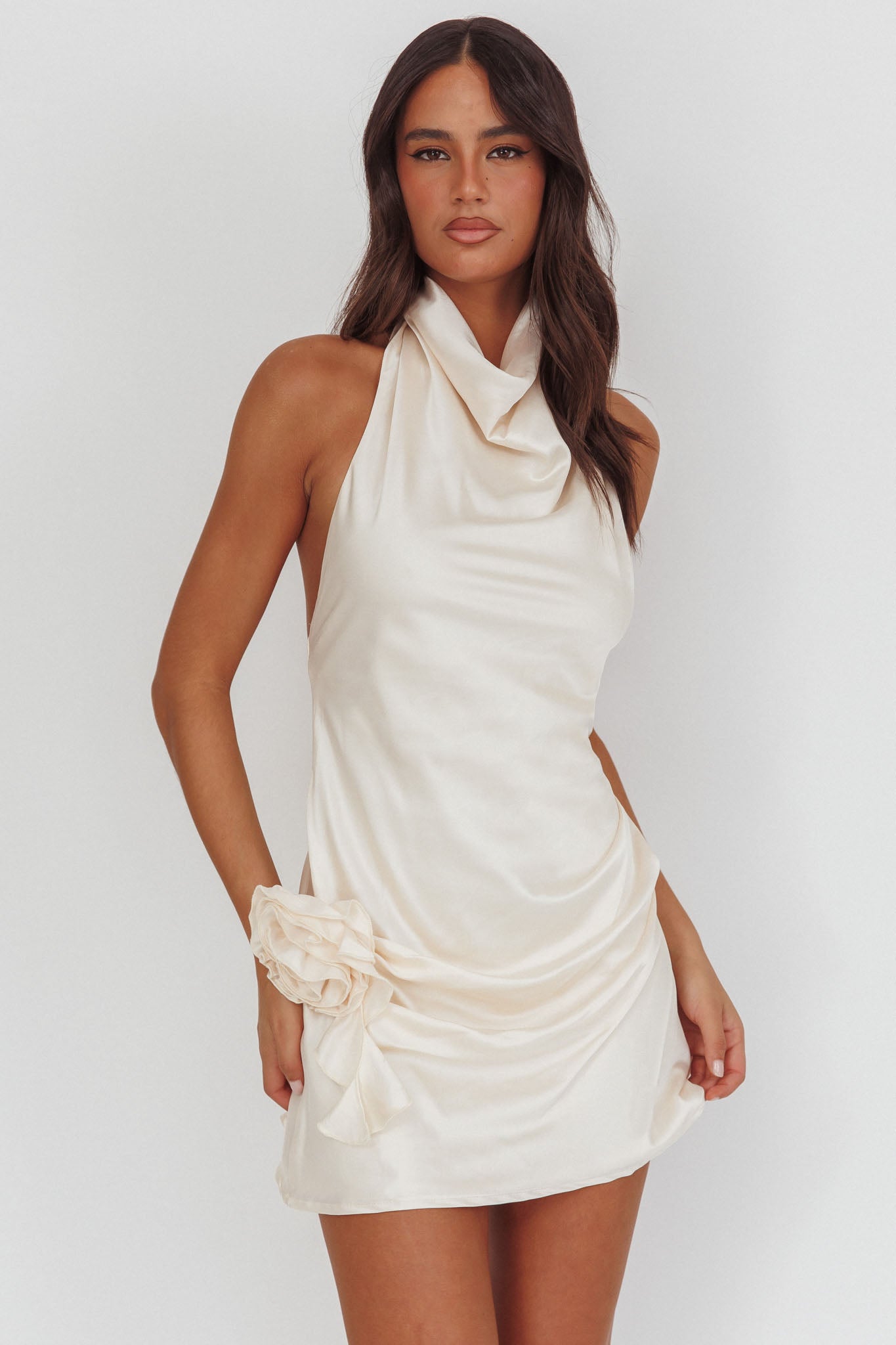 Elarah High Cowl Halterneck Mini Dress Pearl-Maymioy