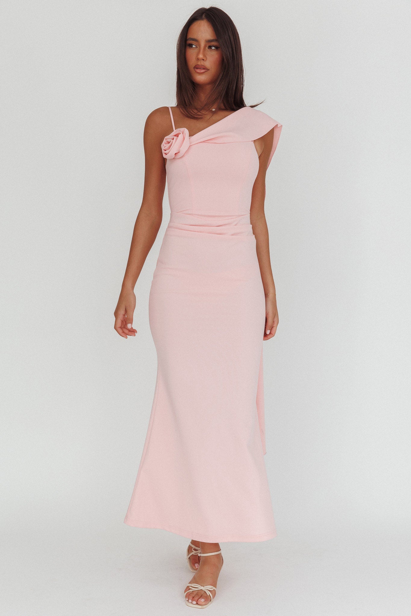 Sugar High Asymmetric Shoulder Drape Maxi Dress Pink-Maymioy
