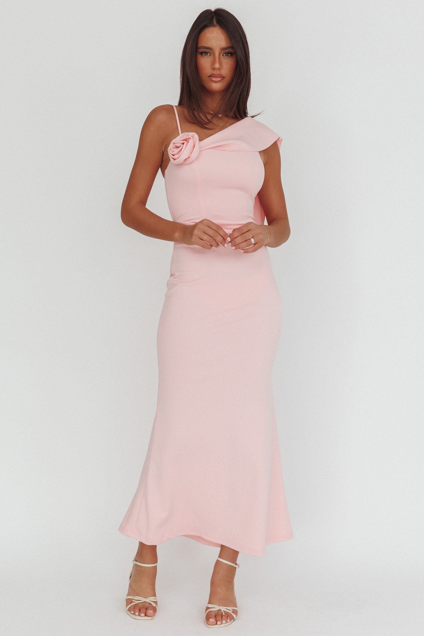 Sugar High Asymmetric Shoulder Drape Maxi Dress Pink-Maymioy