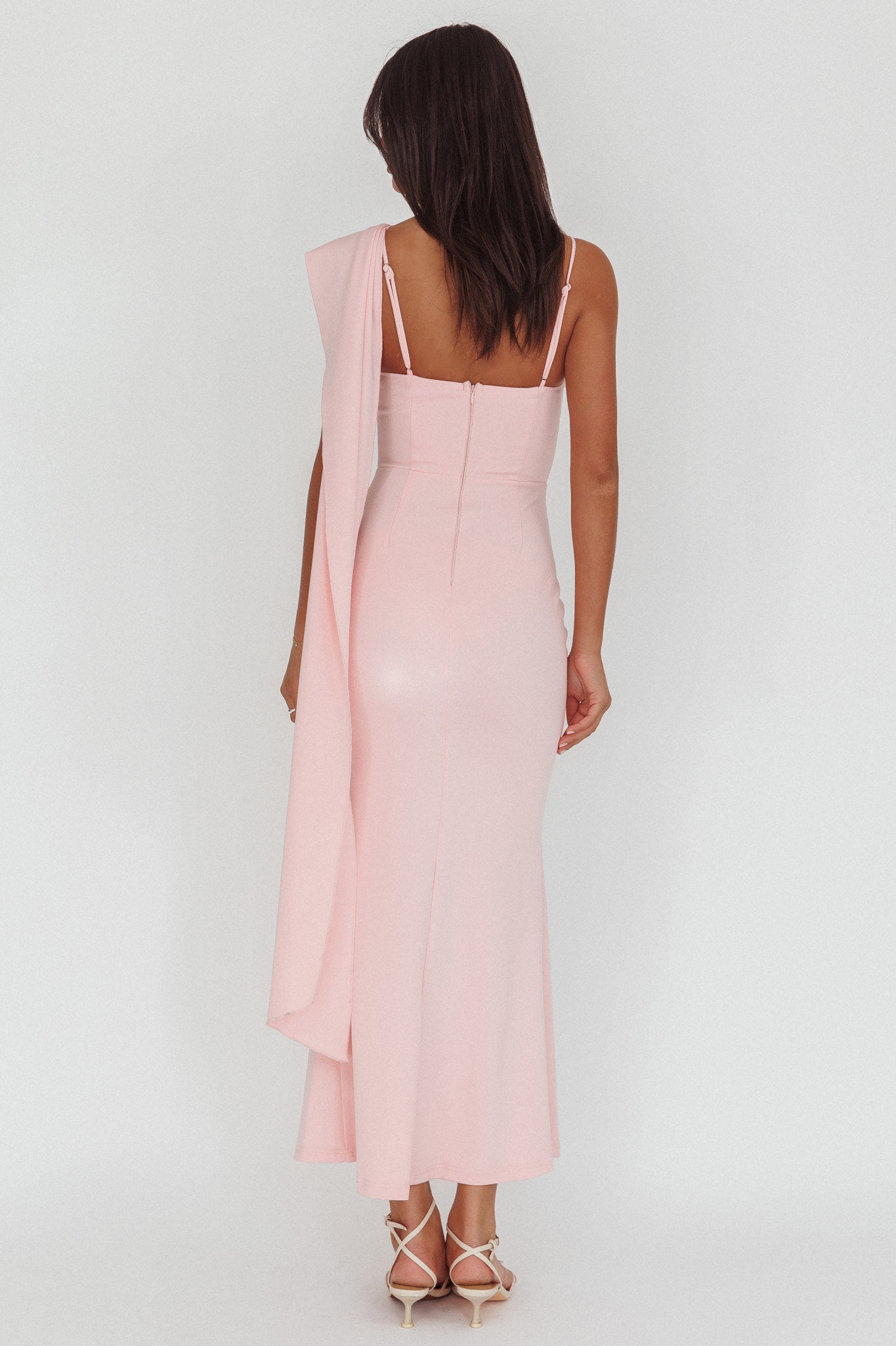Sugar High Asymmetric Shoulder Drape Maxi Dress Pink-Maymioy