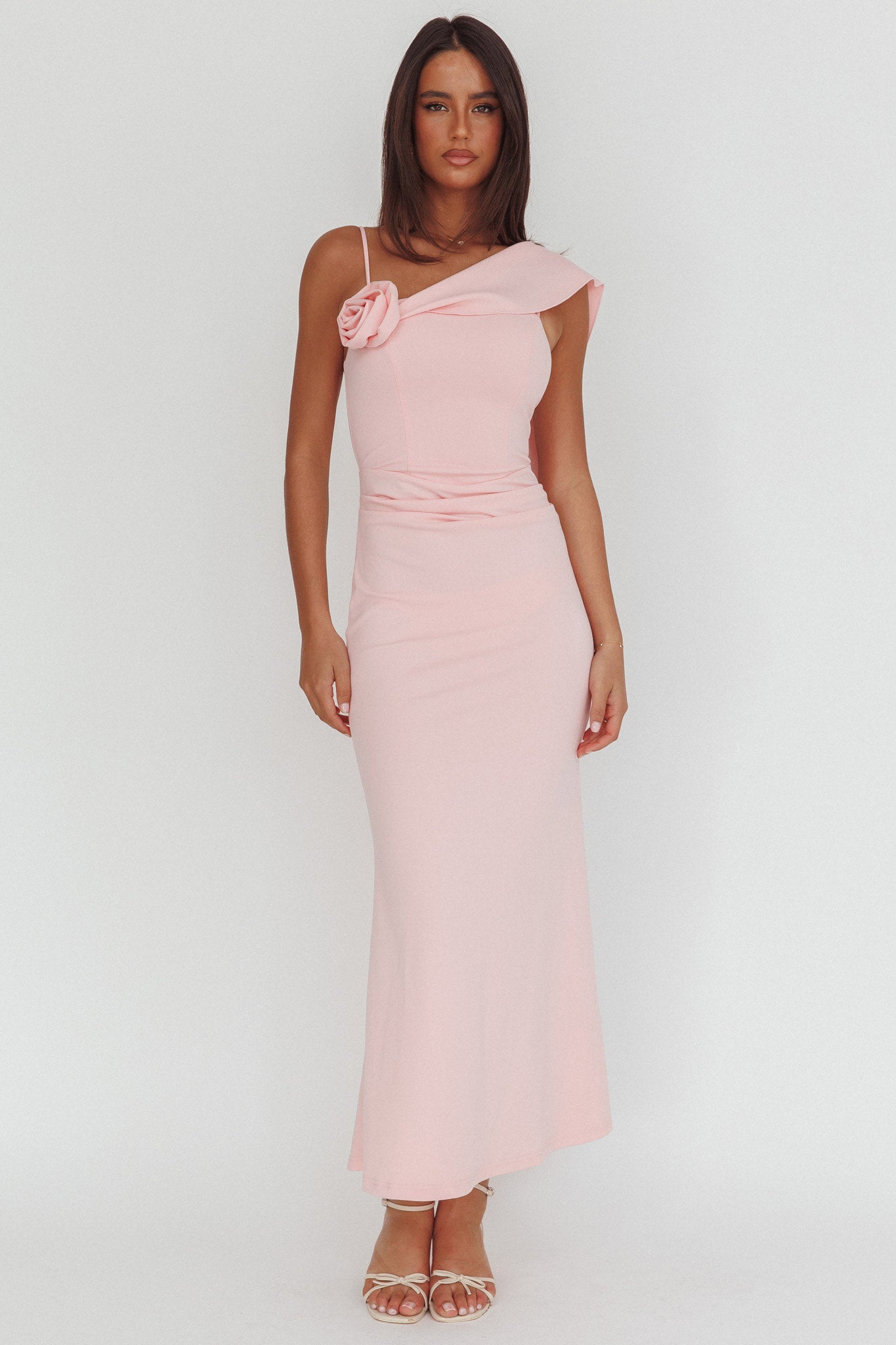 Sugar High Asymmetric Shoulder Drape Maxi Dress Pink-Maymioy