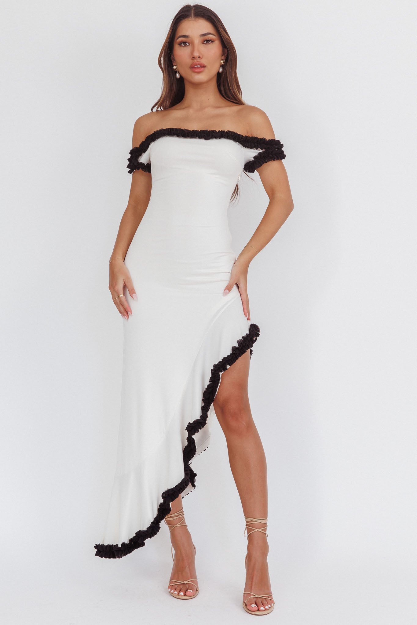 Shake It Off Asymmetric Off-Shoulder Dress Cream-Maymioy