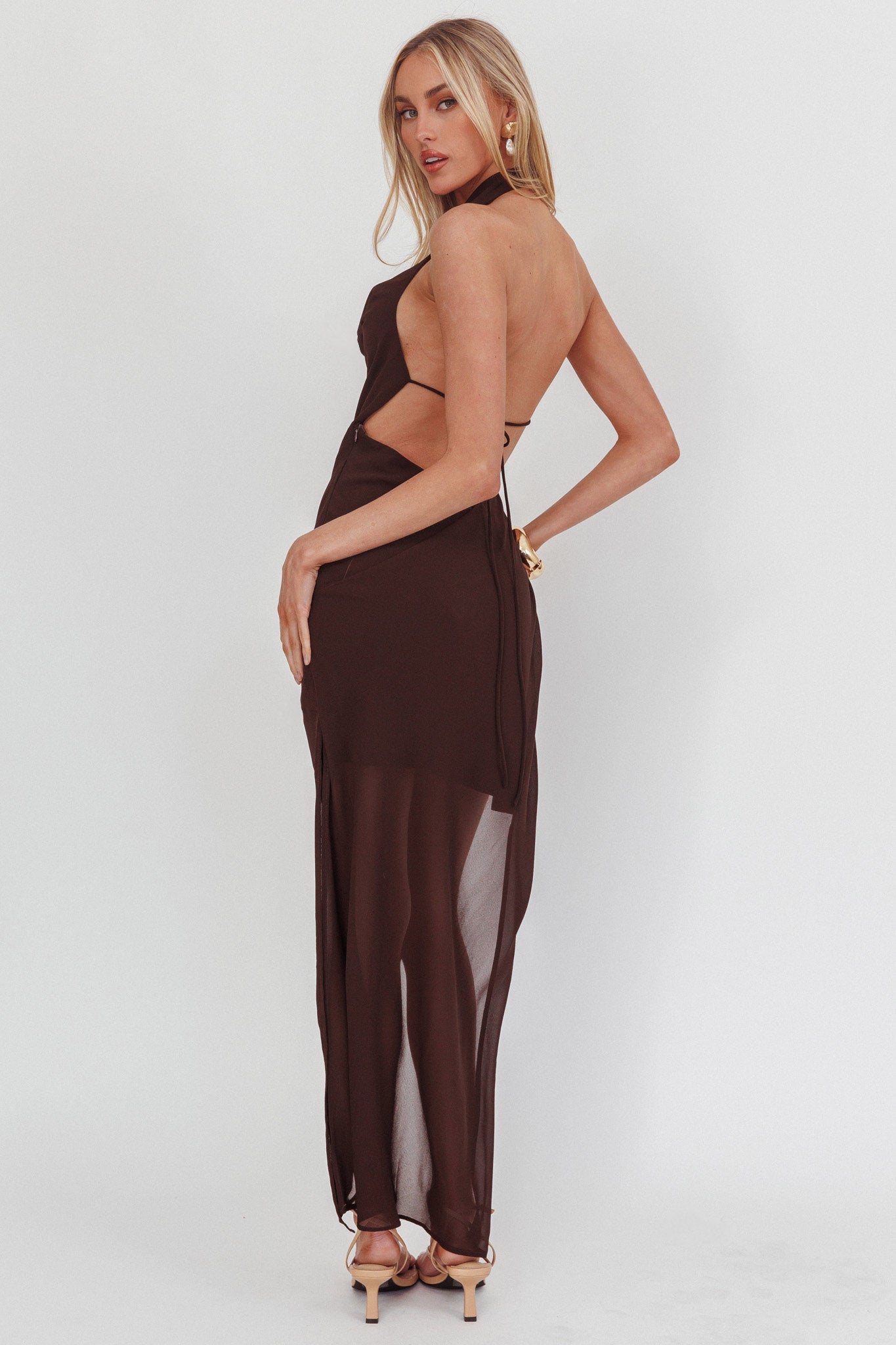 Make It Count Backless Cowl Maxi Dress Chocolate-Maymioy