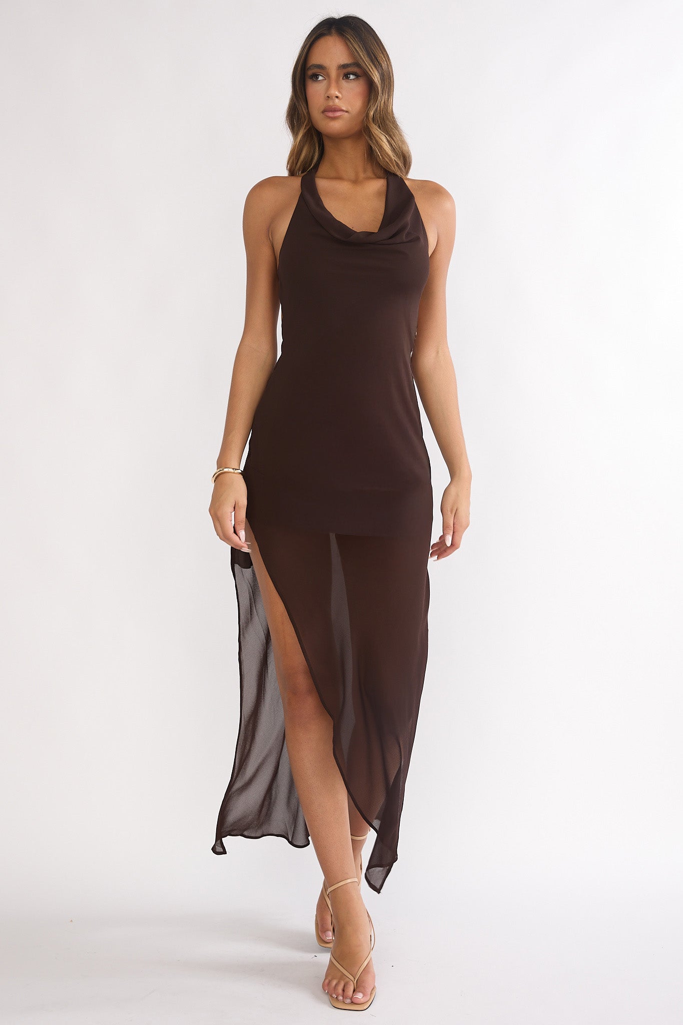 Make It Count Backless Cowl Maxi Dress Chocolate-Maymioy
