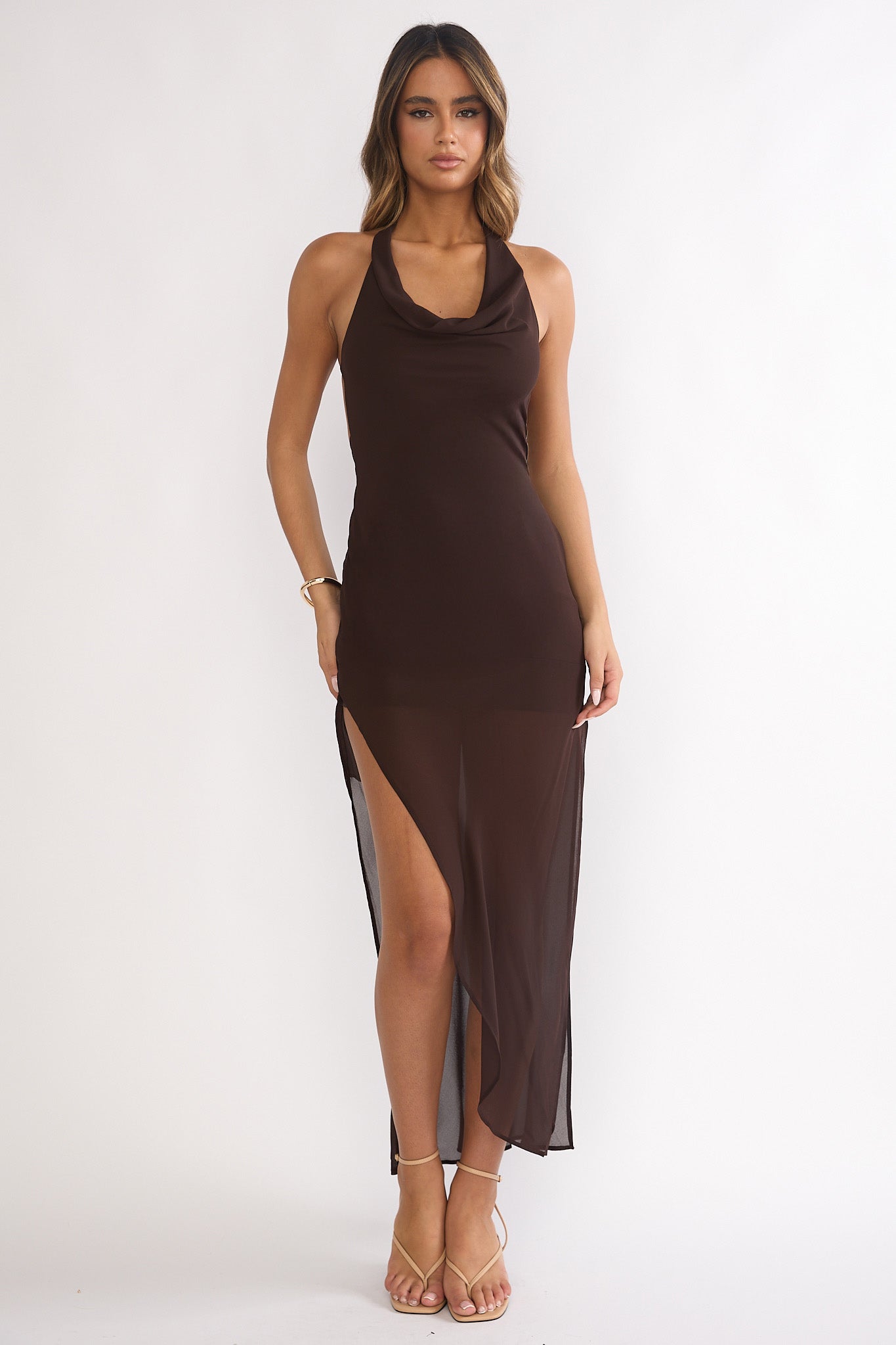 Make It Count Backless Cowl Maxi Dress Chocolate-Maymioy