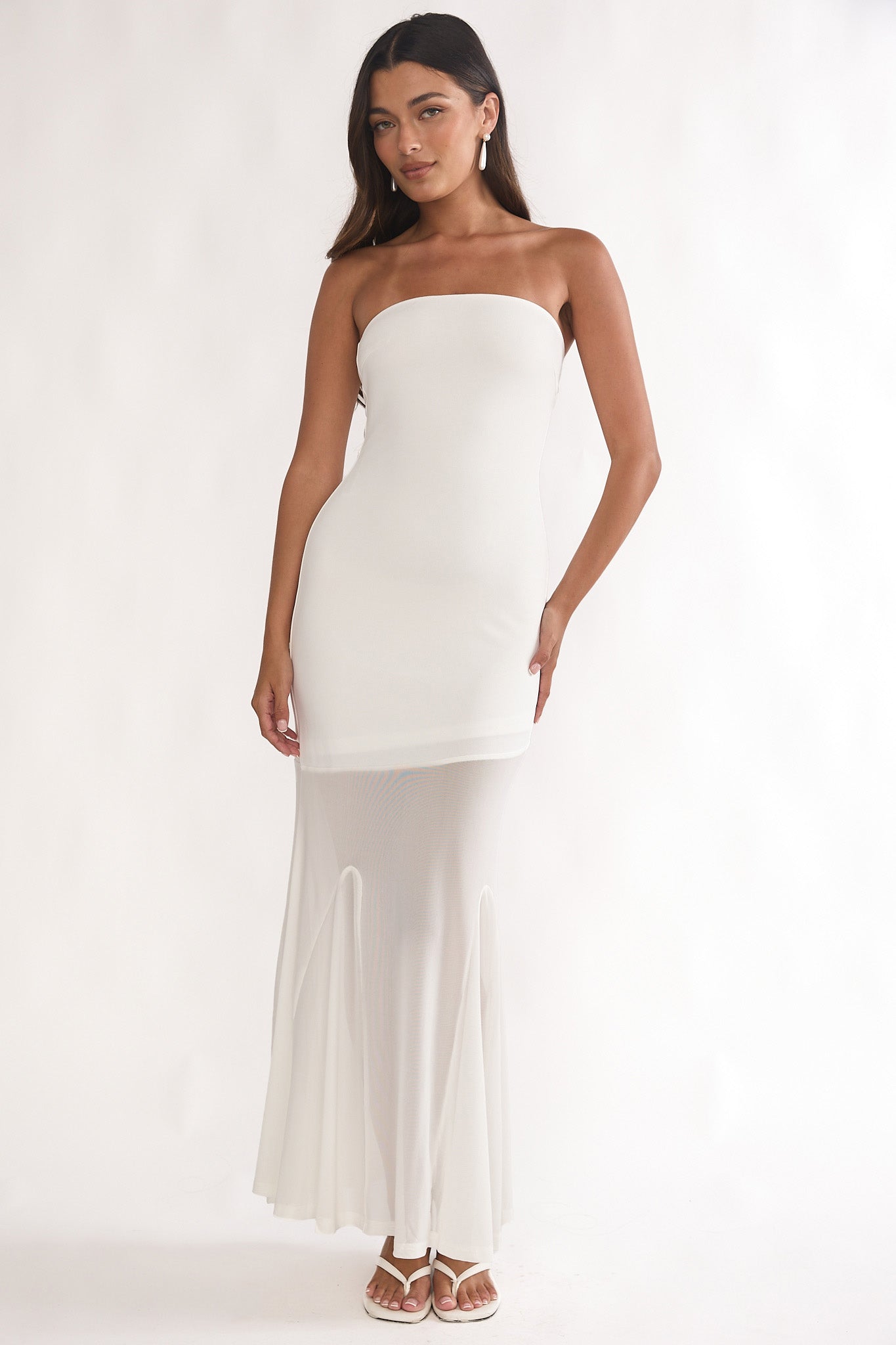 Calluna Strapless Sheer Godet Hem Maxi Dress White-Maymioy