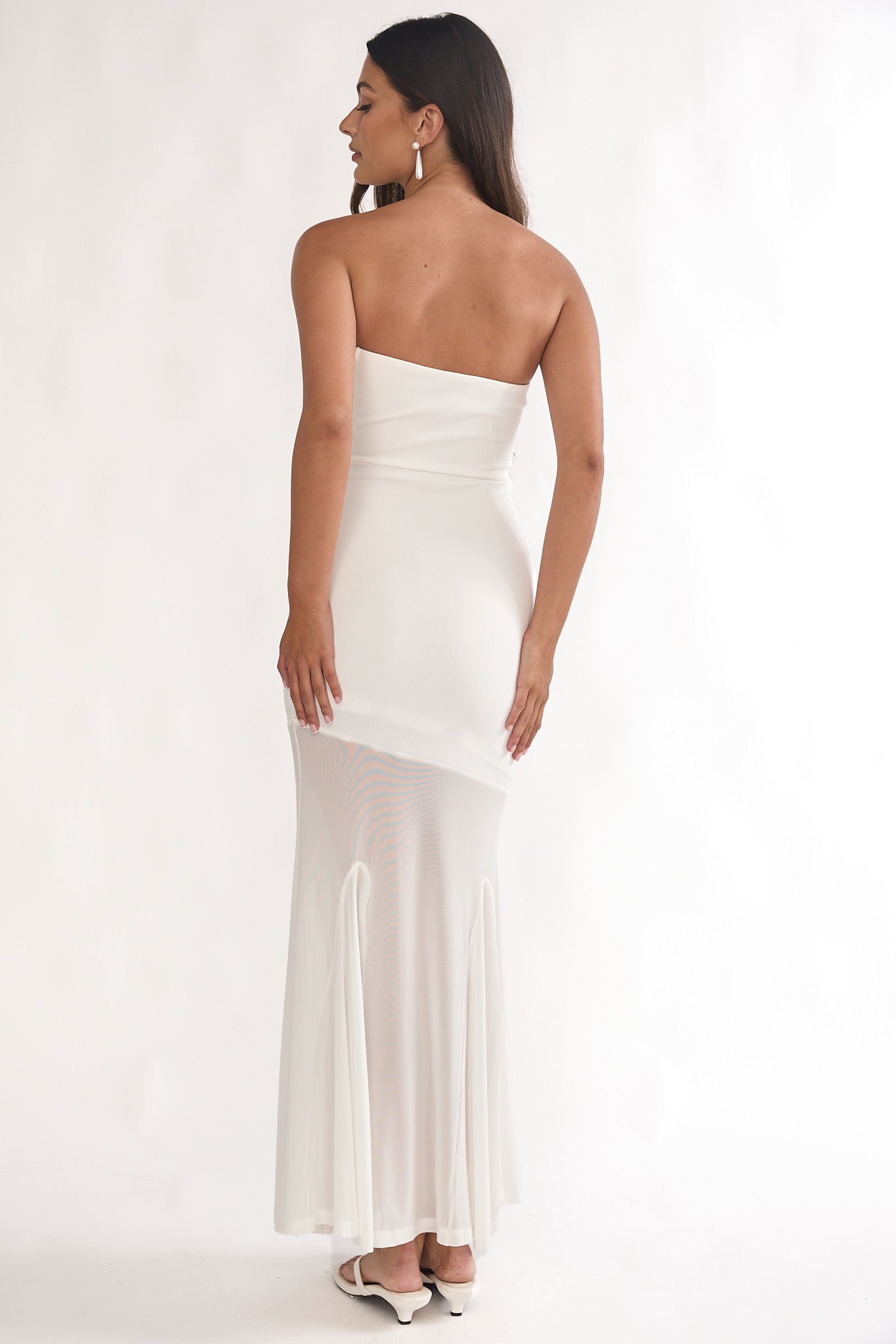 Calluna Strapless Sheer Godet Hem Maxi Dress White-Maymioy