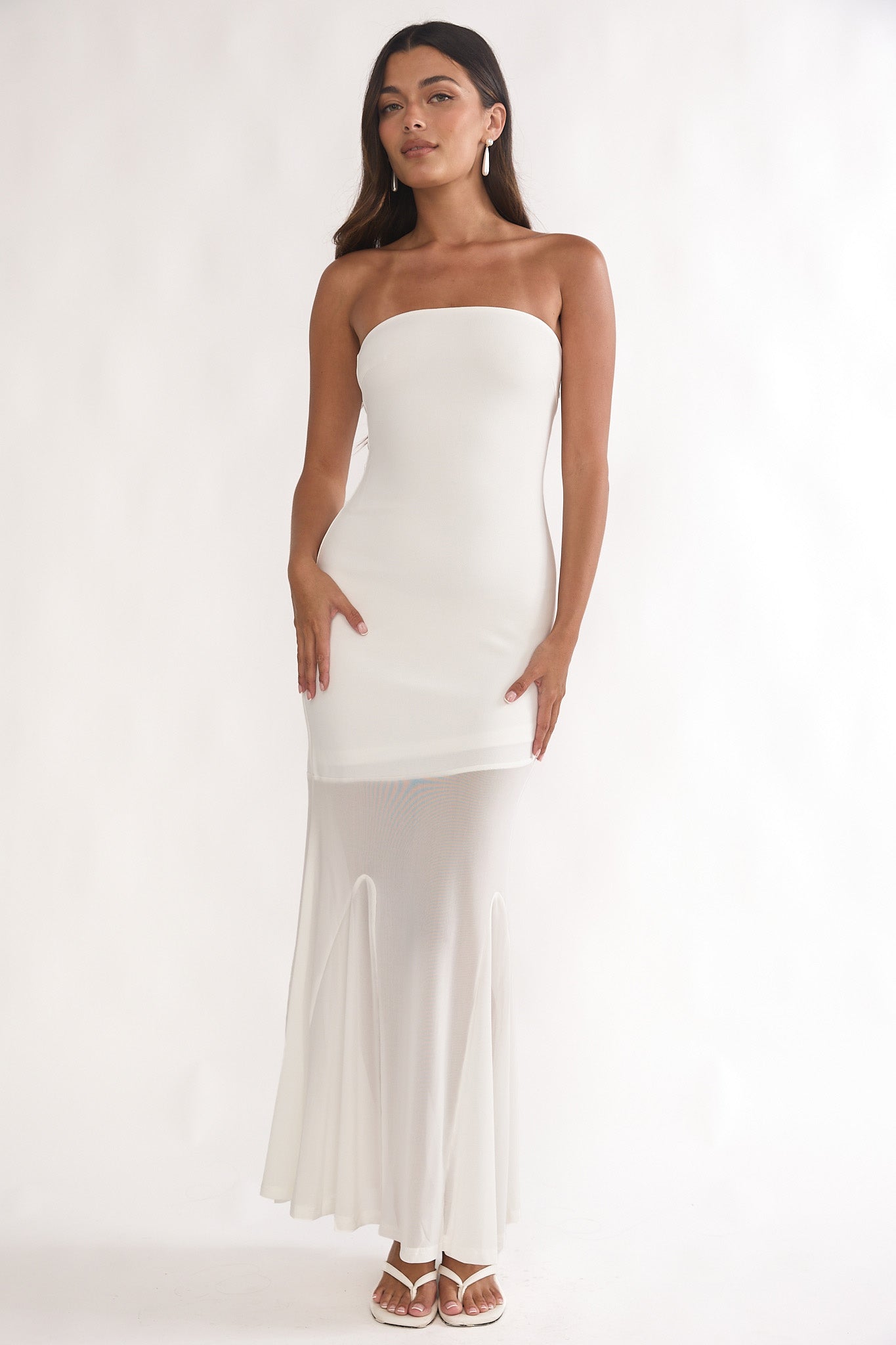 Calluna Strapless Sheer Godet Hem Maxi Dress White-Maymioy