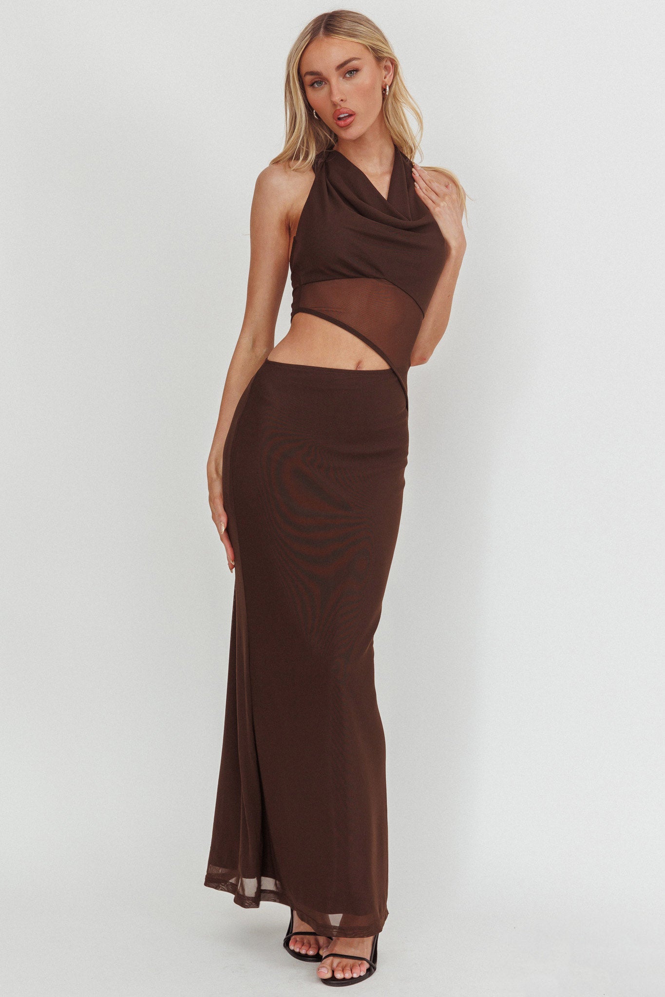 Playing Games Cut-Out Cowl Halter Dress Chocolate-Maymioy