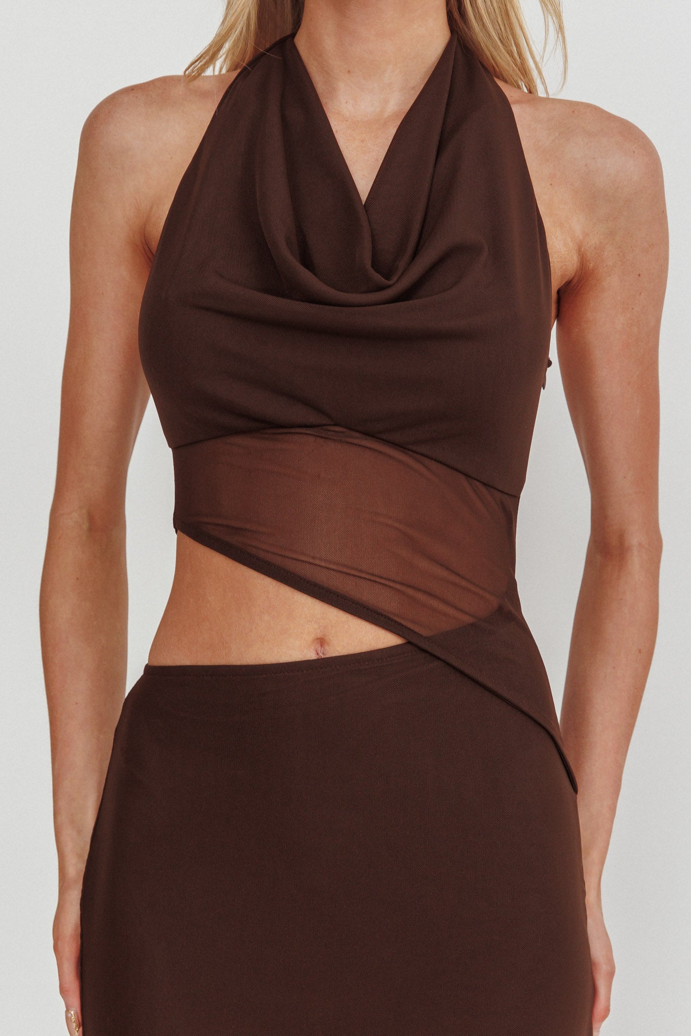Playing Games Cut-Out Cowl Halter Dress Chocolate-Maymioy