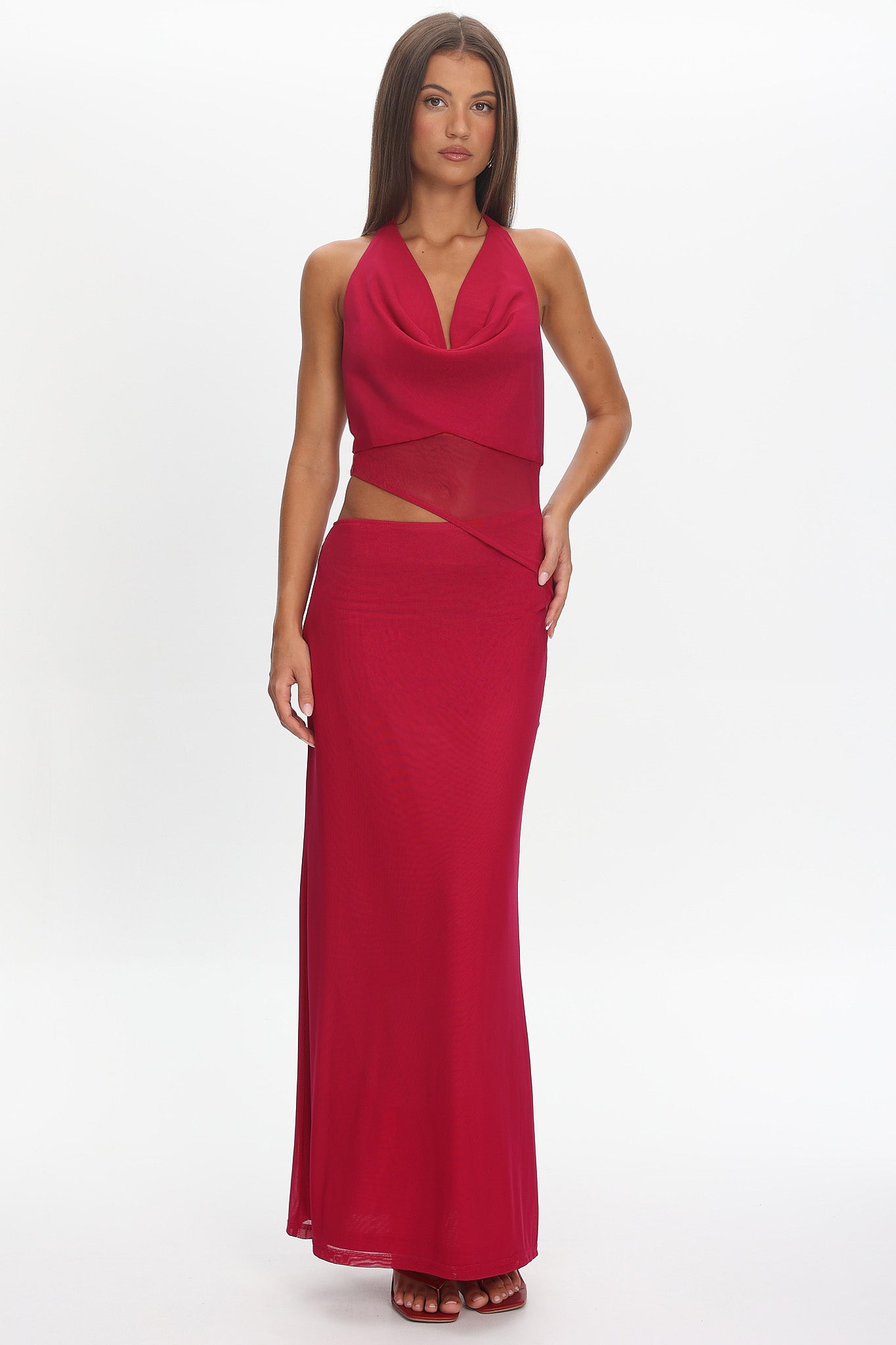 Playing Games Cut-Out Cowl Halter Dress Berry-Maymioy