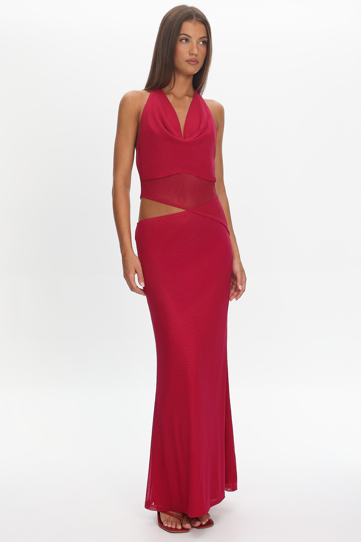 Playing Games Cut-Out Cowl Halter Dress Berry-Maymioy