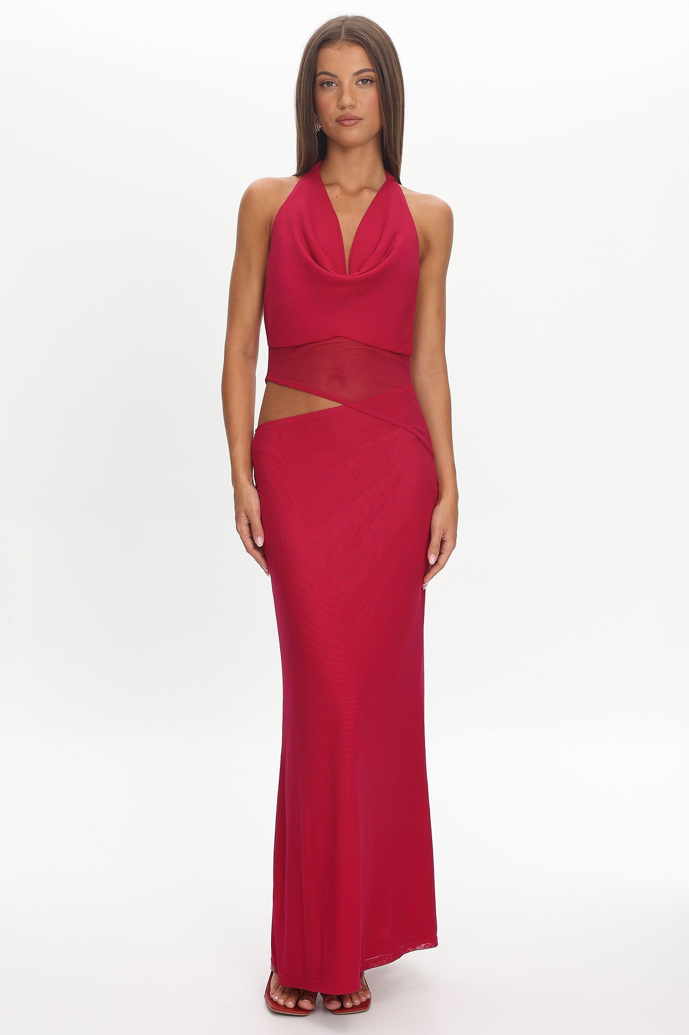 Playing Games Cut-Out Cowl Halter Dress Berry-Maymioy