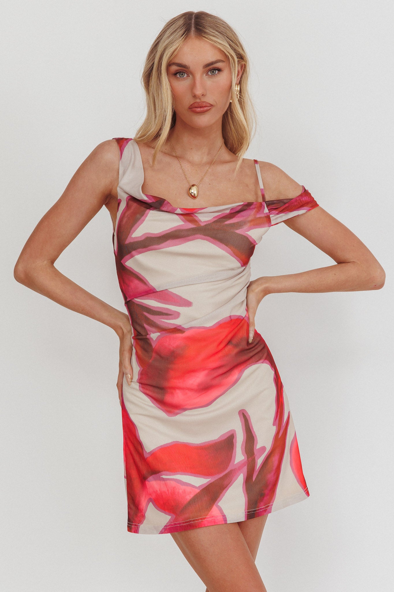 Riders Asymmetric Neckline Mini Dress Print Beige-Maymioy