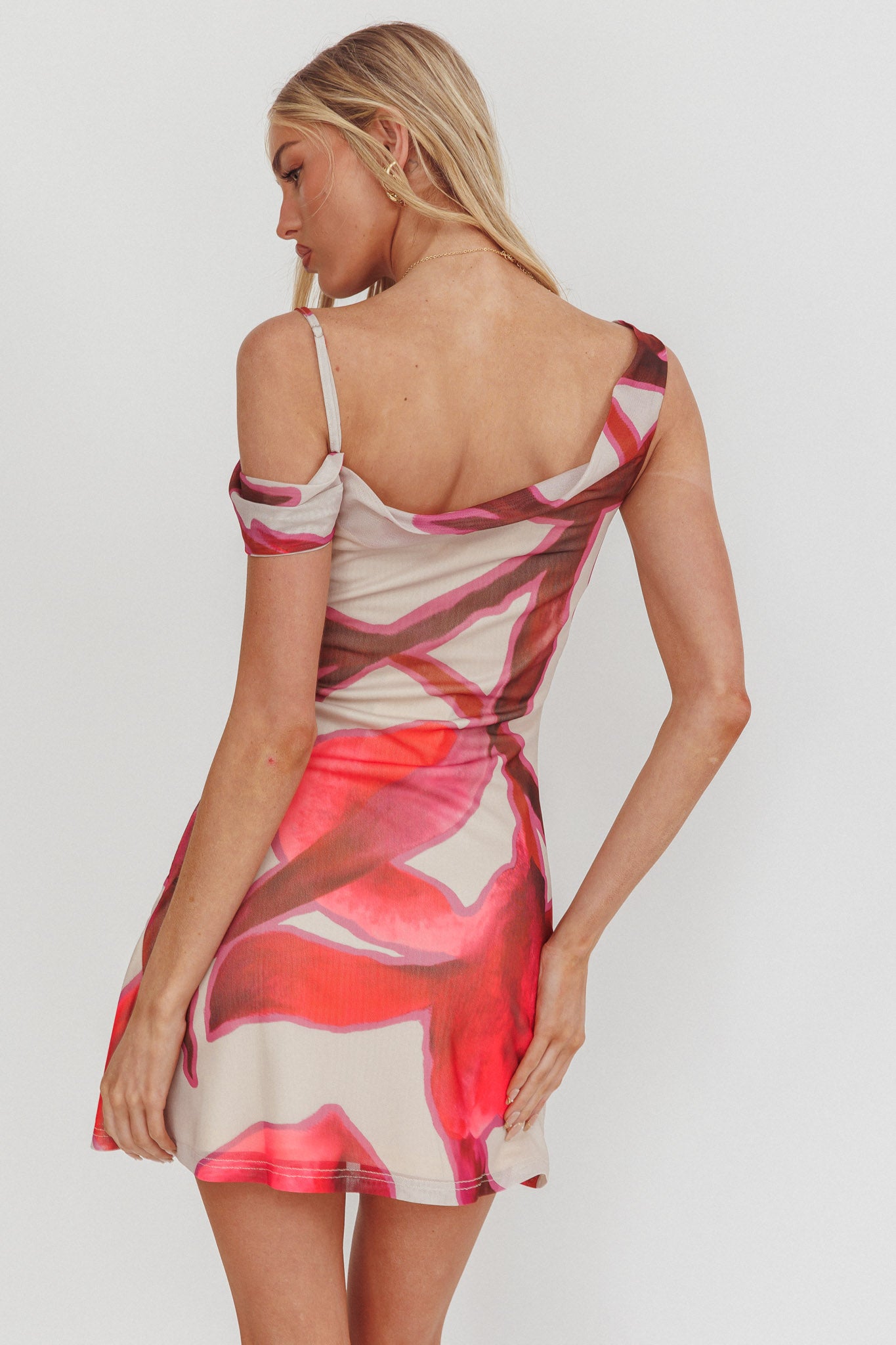 Riders Asymmetric Neckline Mini Dress Print Beige-Maymioy