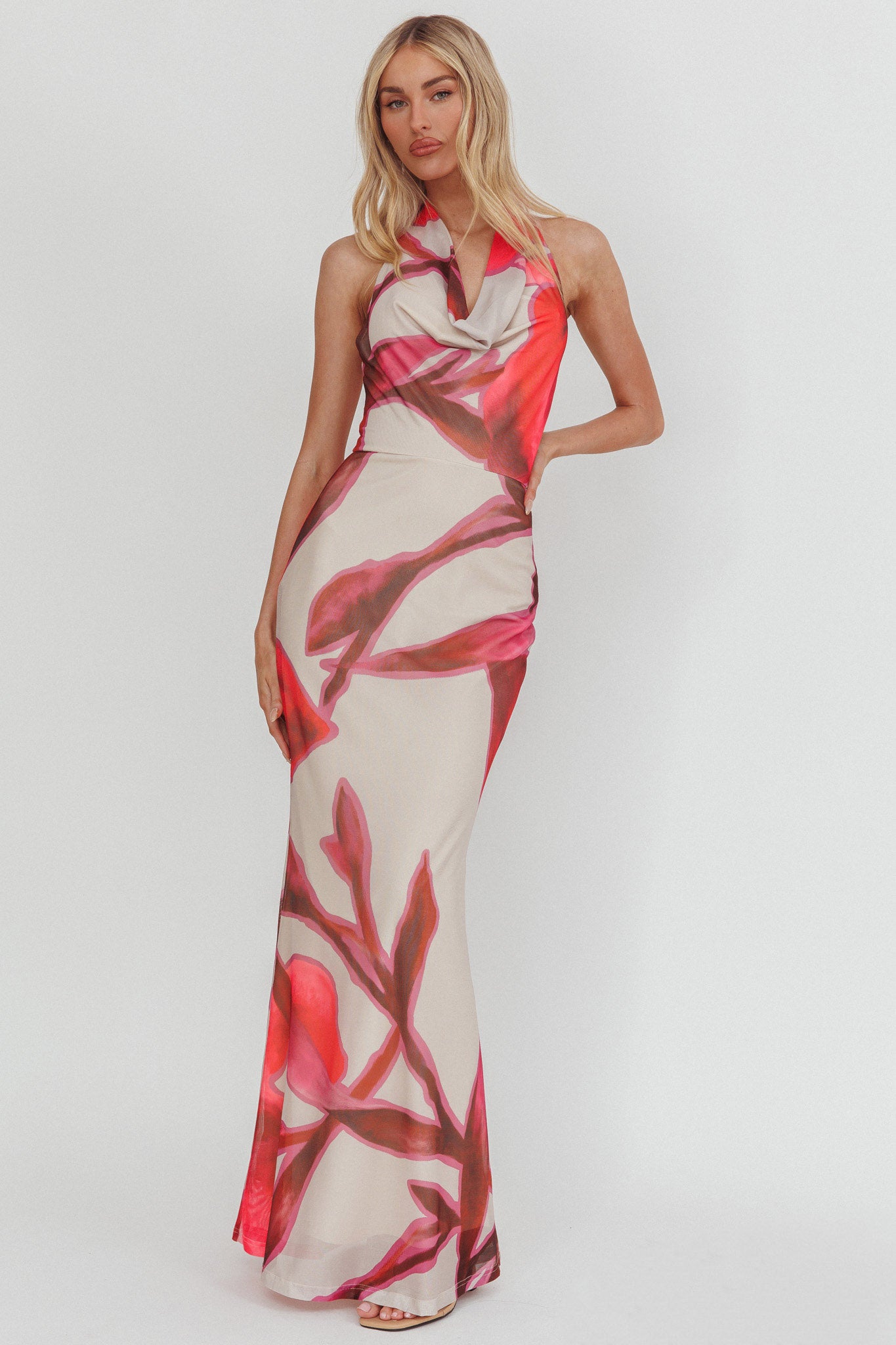 Outlier Cowl Halterneck Maxi Dress Print Beige-Maymioy