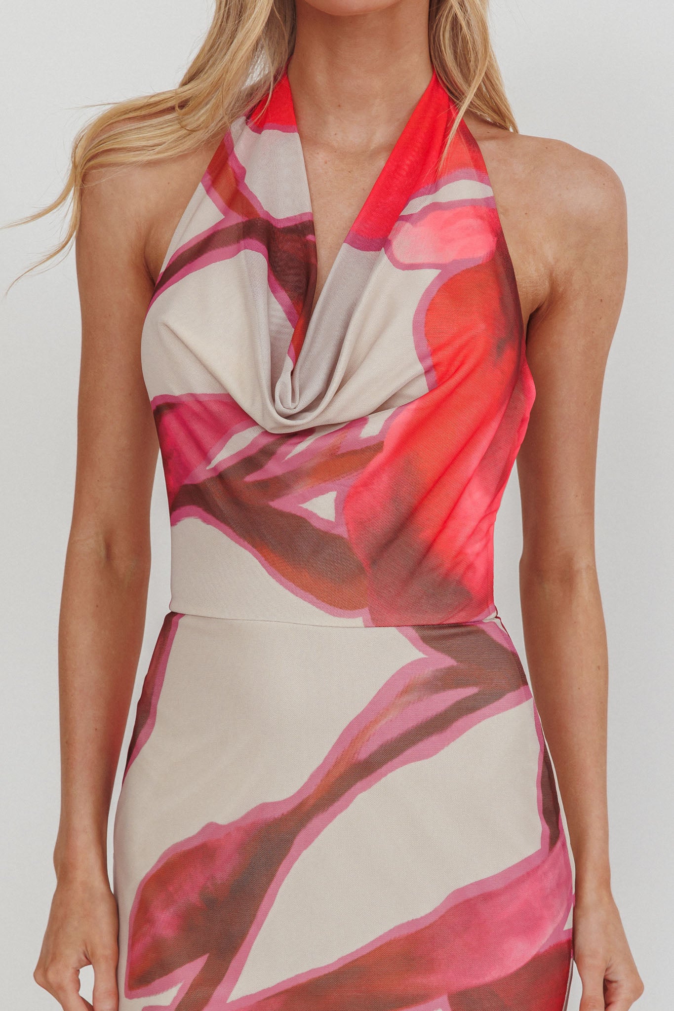 Outlier Cowl Halterneck Maxi Dress Print Beige-Maymioy