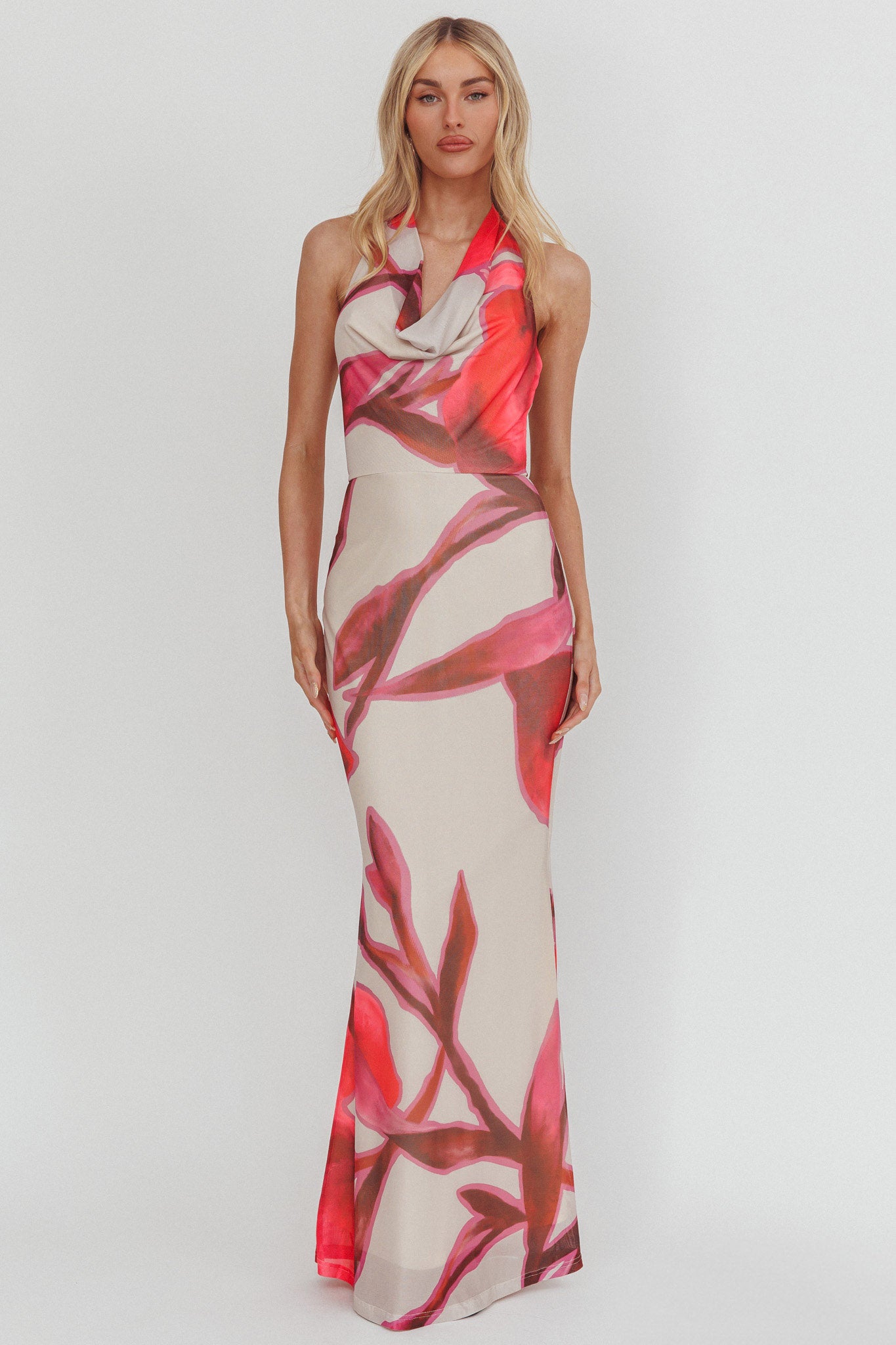 Outlier Cowl Halterneck Maxi Dress Print Beige-Maymioy
