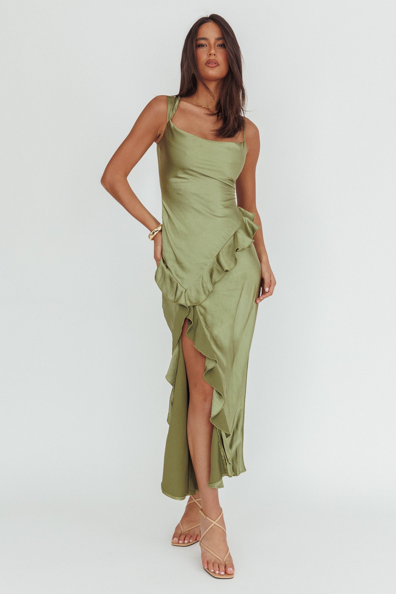 Sunshine Eternity Asymmetric Neckline Ruffle Maxi Dress Olive-Maymioy