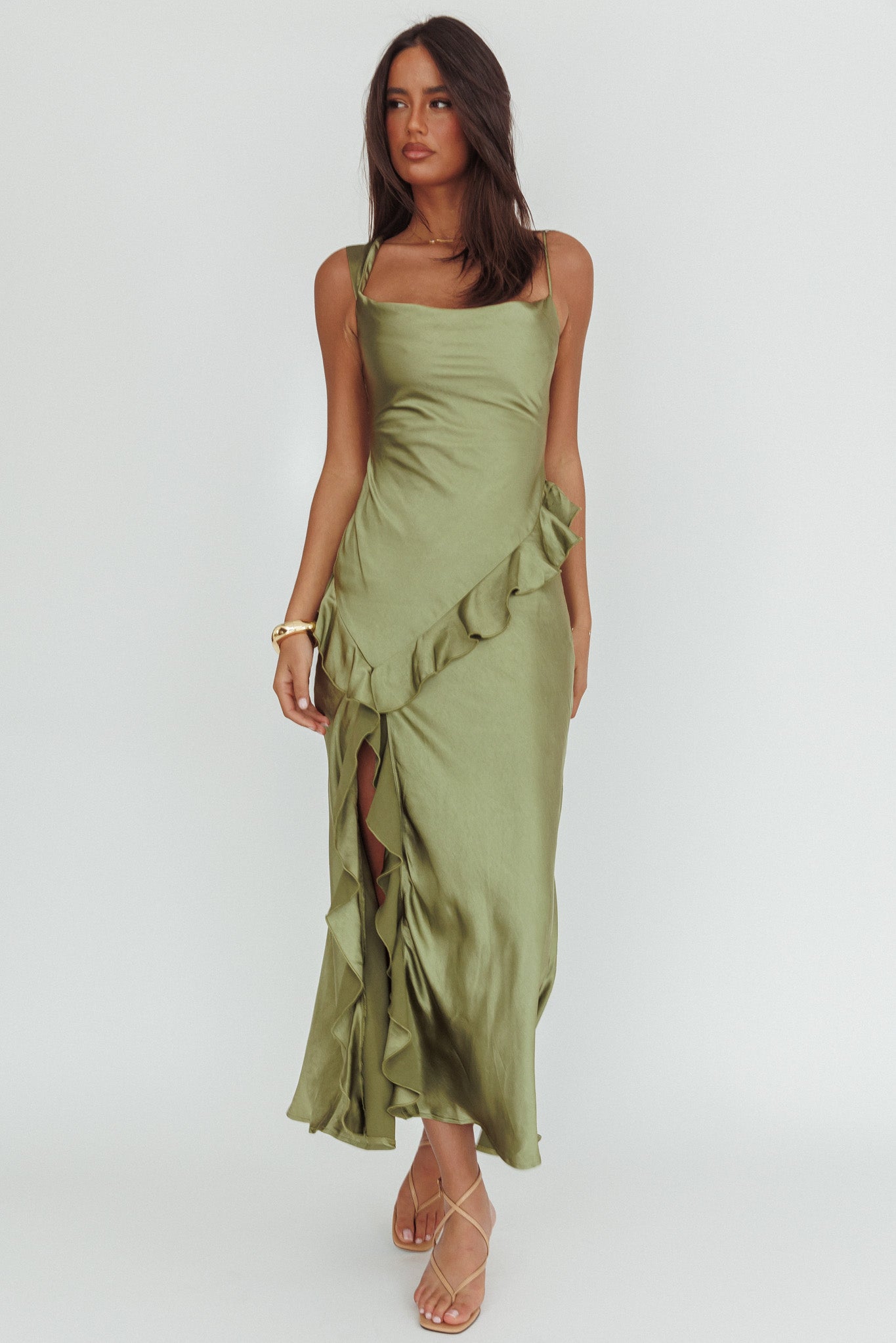Sunshine Eternity Asymmetric Neckline Ruffle Maxi Dress Olive-Maymioy