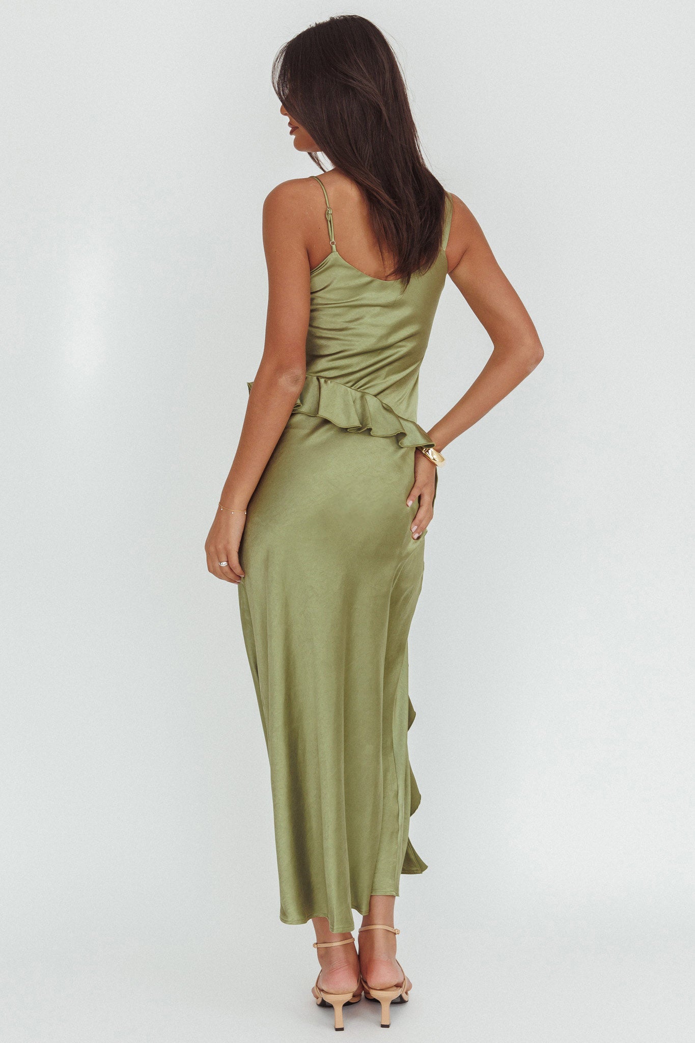 Sunshine Eternity Asymmetric Neckline Ruffle Maxi Dress Olive-Maymioy