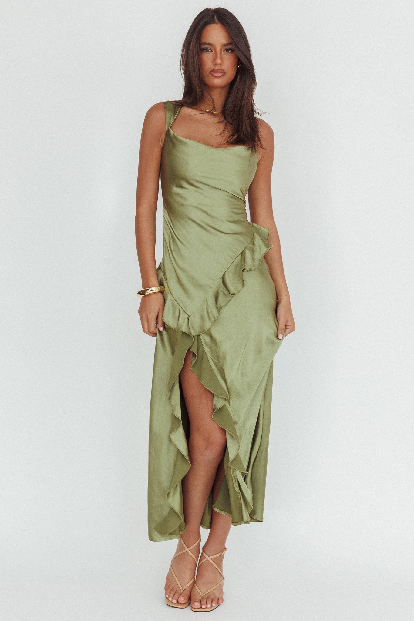 Sunshine Eternity Asymmetric Neckline Ruffle Maxi Dress Olive-Maymioy